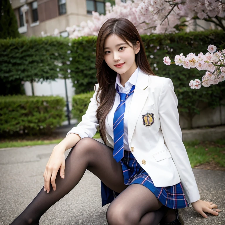 (8K), (highest quality: 1.2), (realistic), (realistic: 1.37), ultra high resolution, (1 girl:1.2), cute, smile, closed mouth, beautiful details, beautiful nose, wet hair, giant dulcefo, pork, thighs,self snap,cherry blossoms,sunny day,University Student Uniform,simple blazer,pleated skirt,(The pattern of the skirt and tie is a tartan check pattern...:1.3),(sitting:1), (Sit with your ass on the ground:1),(Place your hands on your knees:1),opaque tights,from the front