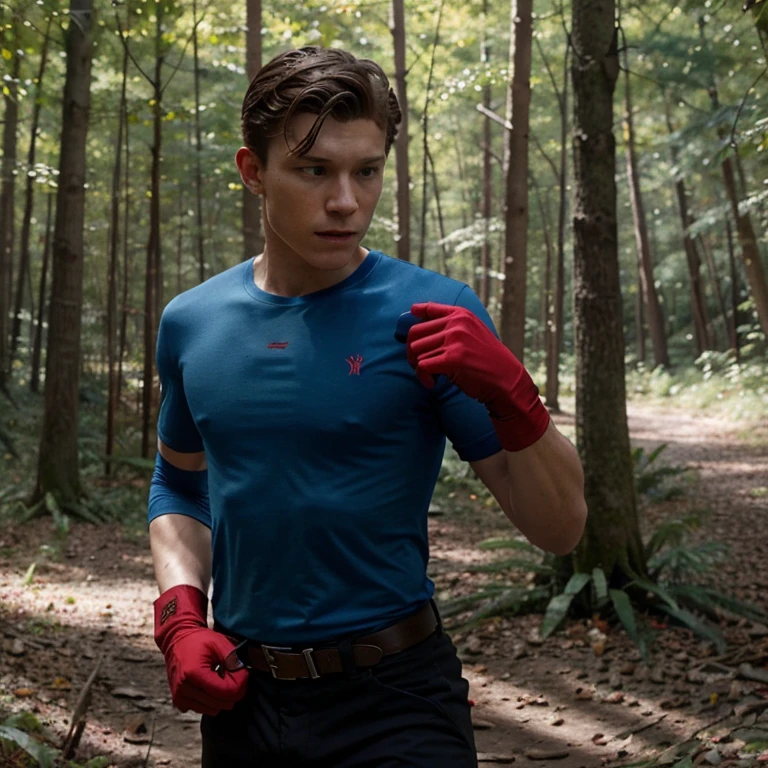 Tom holland en un bosque, boca cerrada, tactical blue t-shirt, realista, tactical red gloves
