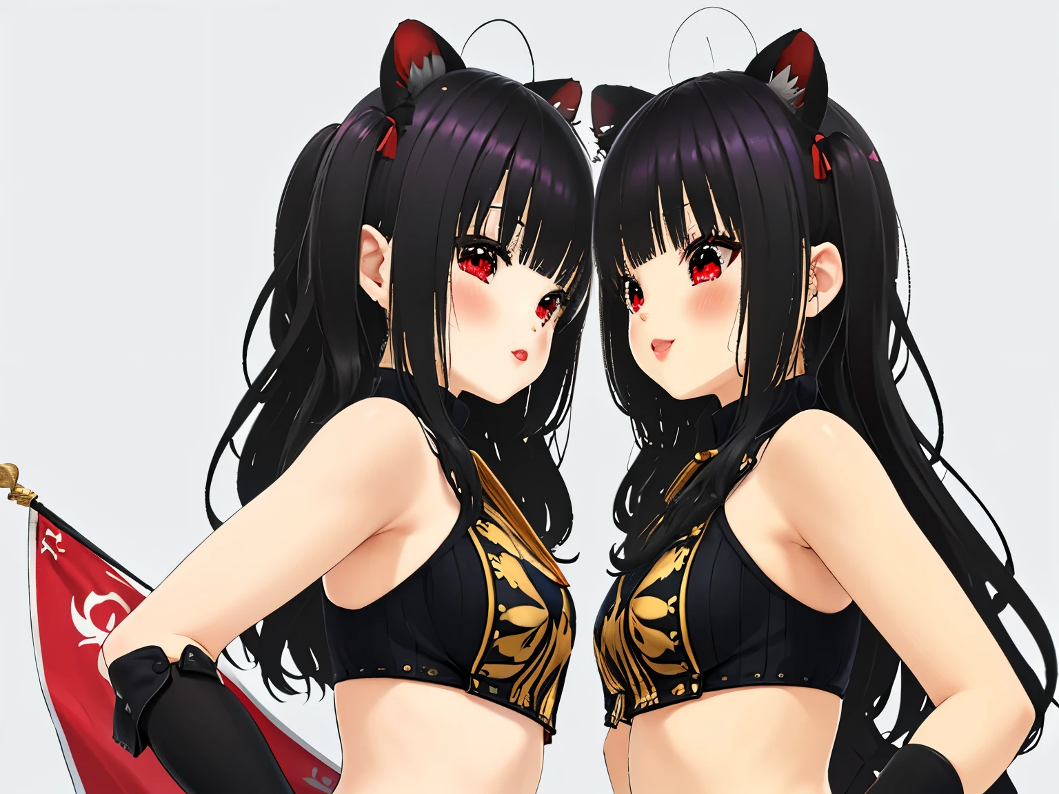 obra maestra,of the highest quality,high resolution ,1 chica,rapid eye movement, re cero, ,((long hair slightly wavy slightly past the shoulders, black bangs, small black pigtails on the sides, cute cat ears, beautiful thin red eyes)),,pechos grandes,piel blanca,((sweater, transparente)),((raya)),((sweaterのみ)),sonrisa, orejas de animales, Chemomimi, felicidad, hombros descubiertos,magnificent々nuevo,lindo, (((holding a white blanket (banner) stretched from side to side, sostiende una bandera, estandarte)))