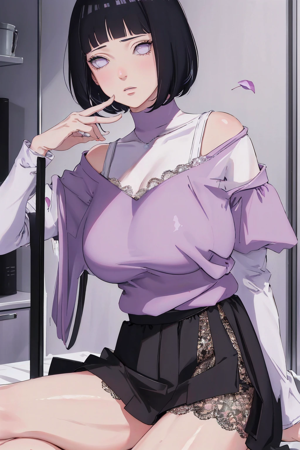 { - anatomy error} (Masterpiece - Ultra-detailed, very high resolution) (huge titusty, masterpiece, absurdres, hinata\(boruto\), 1girl, solo,mature female, off-shoulder bra, high waist black short skirt, looking at viewelling petals), perfect composition, detailed lips, big breast, beautiful face, body propotion, blush, (pink lips), short hair, (black hair), purple eyes, soft gaze, super realistic, detailed, photoshoot, realistic face and body, closed mouth, sitting on the bed , lilac eyes, full body, lace clothes, with chin resting on shoulder, perfect fingers
