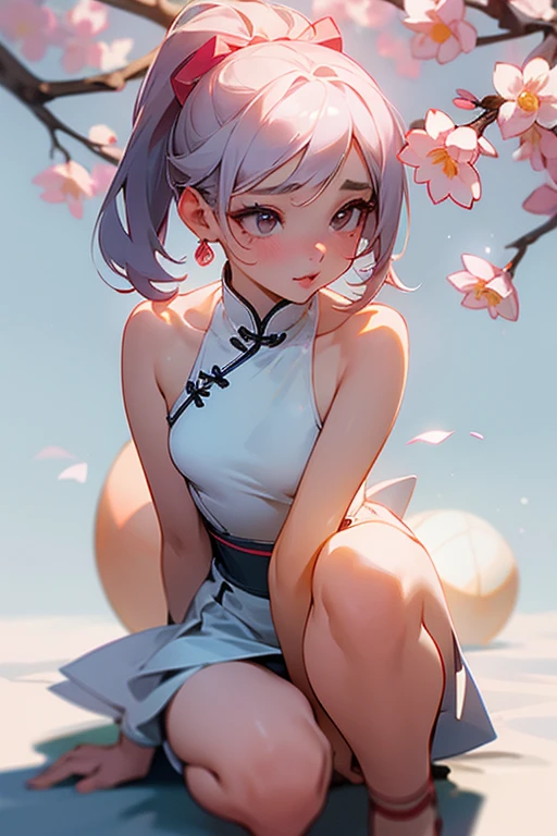 A kind and beautiful Chinese woman, delicate and sexy clavicle, charming goose egg face, double eyelid, Smart peach blossom eyes, pink lips, small upturned nose, bare shoulders, concentrated face, close up of face, ultra hd, Super detailed, full body photo, Ultra-thin light transmission optimal ratio of 4 fingers and 1 thumb, JK miniskirt