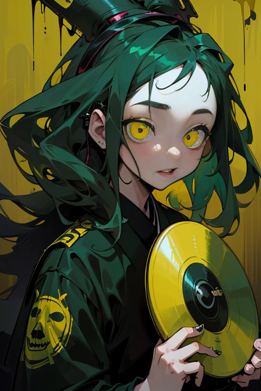 ((18-year-old punk girl)),((Green and yellow UK punk fashion:1.5)),(light black hair:1.5、Messy permed hair)Studded clothing、((Holding a record in his hand:1.5))、((He has a big speaker on his back))、（narrow and small eyes）,Wacky makeup、breast enhancement, (masterpiece), (High resolution), (super delicate), nightmare, doll-like face, cartoon style, Horror elements, Comic style illustration, Japanese painting, Apparition, (Creepy), Japanese carving, crazy illustration, antique, dark atmosphere, flat illustration,Creepyな外観, unique atmosphere、music、live house、headphones
