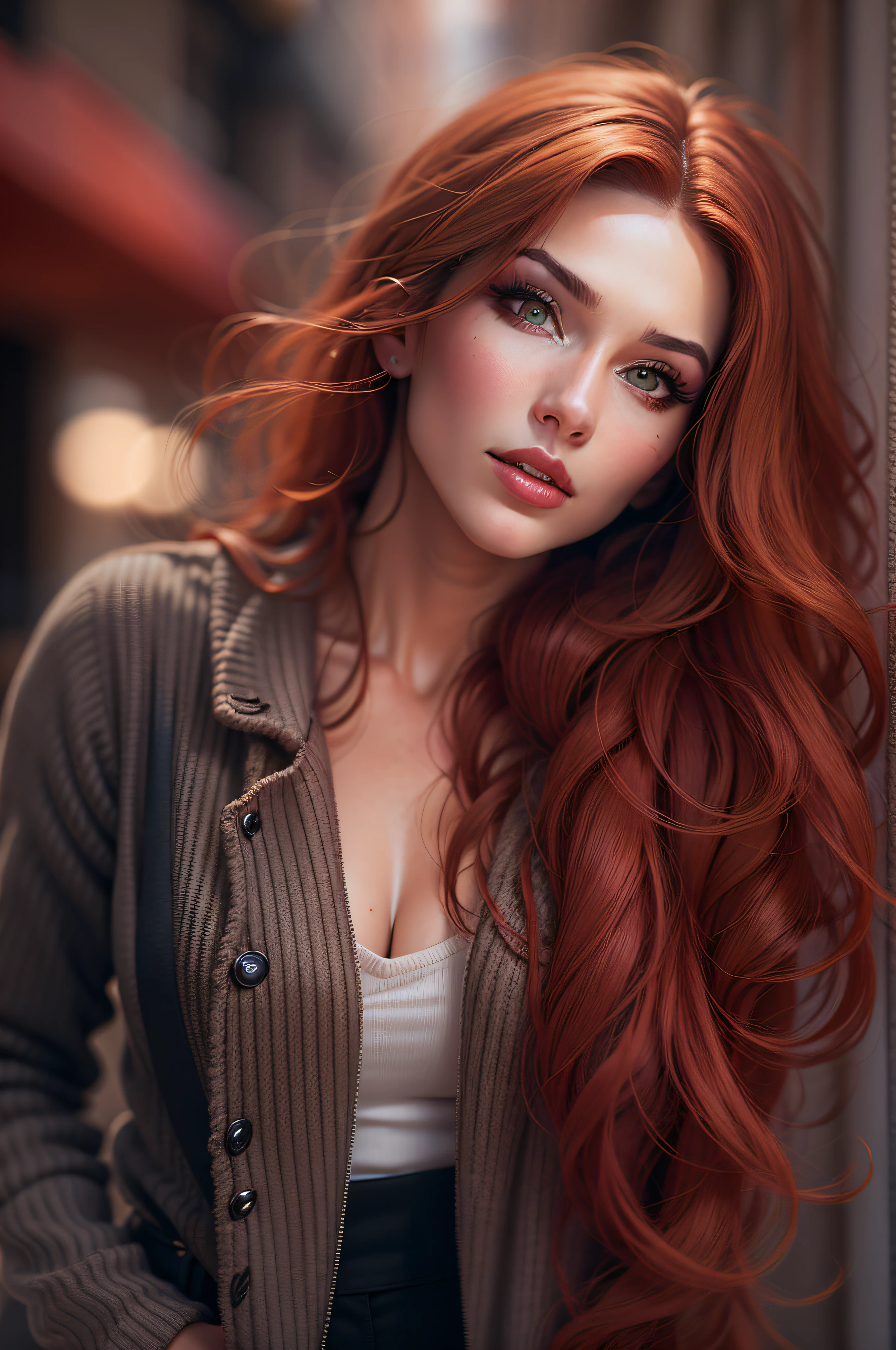 uma mulher com longos cabelos ruivos, vestindo roupas casuais, andando na cidade, realistic rosto perfeito, Rosto de mulher linda, maquiagem glamurosa, maquiagem para olhos escuros, cabelo castanho escuro e maquiagem, rosto perfeito model, Arabella mist divider, rosto perfeito ), beautiful lips:5 elegante, lindo rosto feminino, rosto feminino atraente!!!, lindo rosto feminino, linda maquiagem, rosto perfeito!!