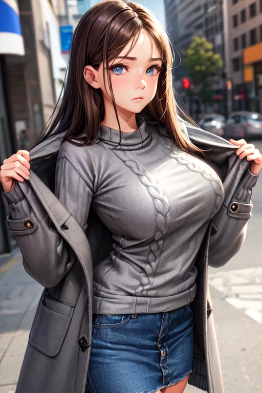 girl,expressionless,{(brown hair:1.2),medium hair,(straight hair:1.5),crossed bangs},(big breasts:1.2),{(gray sweater:1.5),break,lightblue denim skirt,break,(undressing black coat:1.3)},(fine eyes and skin:1.2),(detailed facial features:1.2),(perfect style),(beautiful face),(at city:1.2)