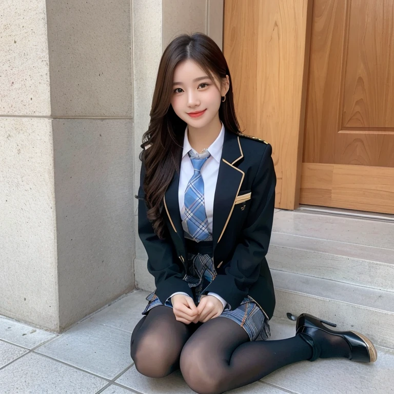 (8K), (highest quality: 1.2), (realistic), (realistic: 1.37), ultra high resolution, (1 girl), cute, smile, closed mouth, beautiful details, beautiful nose, wet hair, giant dulcefo, pork, thighs，self snap,University Student Uniform,simple blazer,pleated skirt,(The pattern of the skirt and tie is a tartan check pattern...:1.3),(sitting:1), sit on the ground,(hugging own legs:1),opaque tights,from the front