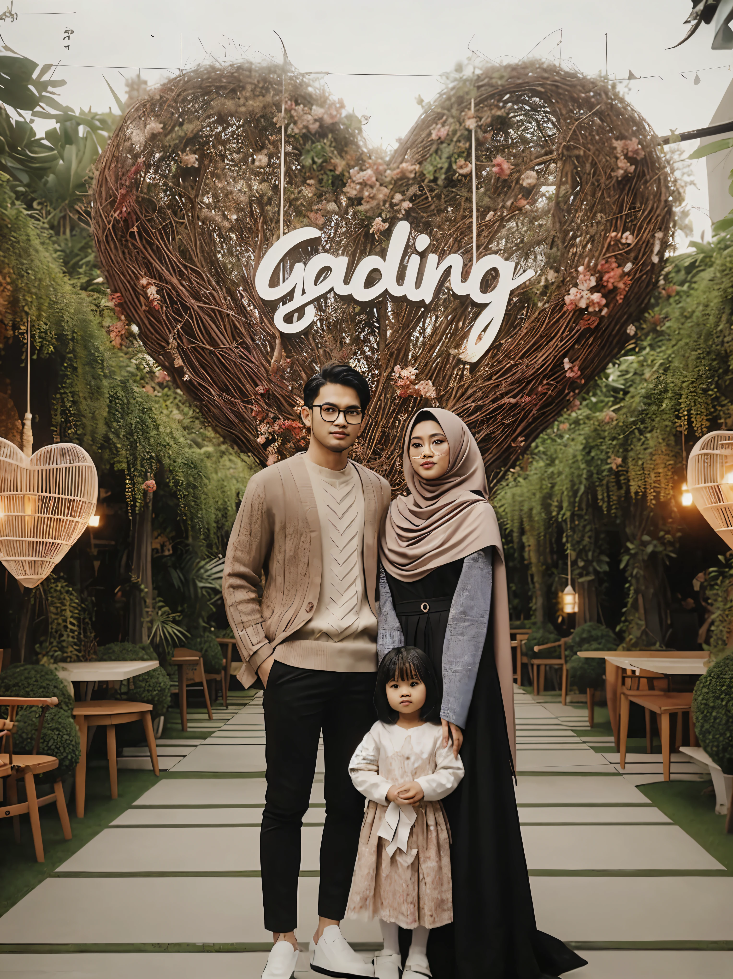 there is a man and woman and a  standing in front of a heart, barong family, inspired by Shaddy Safadi, an indonesian family portrait, by Abidin Dino, in garden, trending on pinteresst, gardening, official fanart, barong family member, chilling, inspired by Abidin Dino, inspired by Bernardino Mei, heartwarming