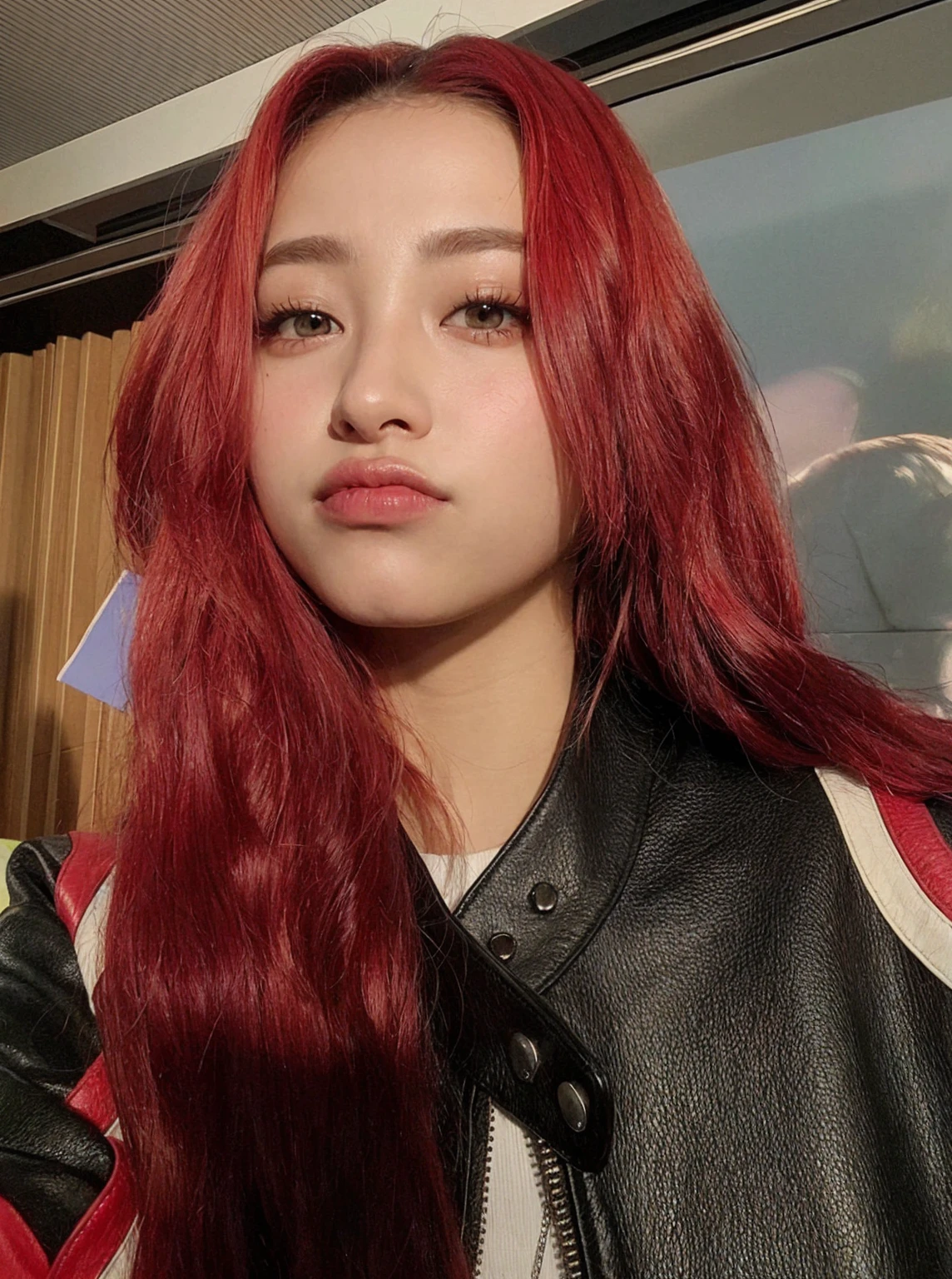 arafed woman com cabelo ruivo and a leather jacket posing for a picture, portrait of jossi do blackpink, jossi do blackpink, tzuyu de duas vezes, com cabelo ruivo, parque roseanne de blackpink, Jisoo do Blackpink, Jisoo do Blackpink, muito vermelho, ela tem cabelo ruivo, retrato de jisoo blackpink, ela tem cabelo longo redoranjado, cabelo tingido de vermelho