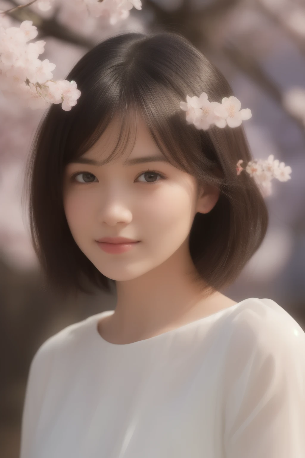 , blown by the long wind [Blue-black:.3] hair,looking at the viewer,smile, (masterpiece:1.3), (8K, realistic, Raw photo, highest quality: 1.4), Japanese, (1 girl), beautiful face, (realistic face), (black hair, short hair:1.3), beautiful hairstyle, realistic eyes, detailed and beautiful eyes, (realistic skin), beautiful skin, Charm, ultra high resolution, surreal, very detailed, golden ratio,white dress,Cherry blossom trees,