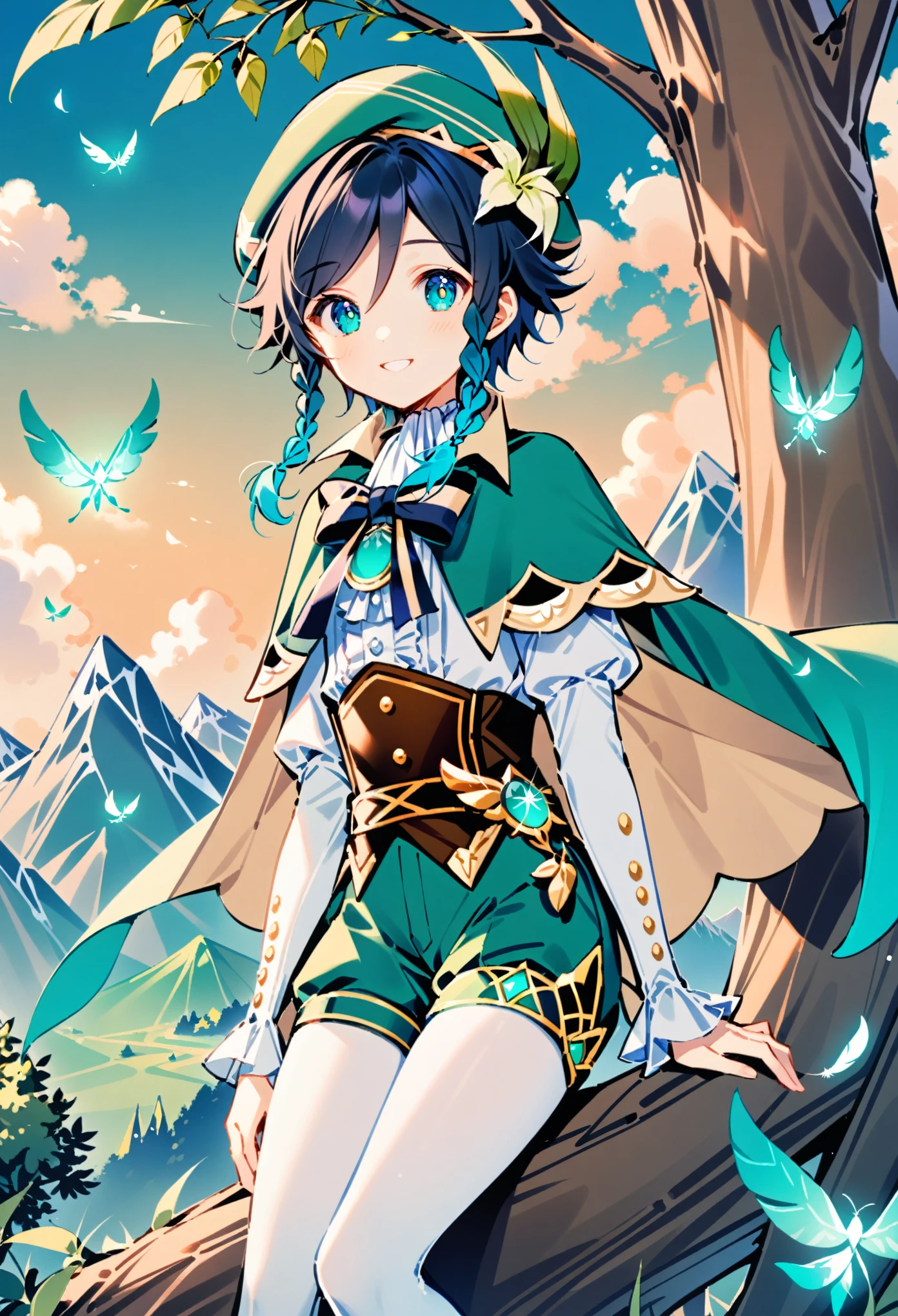 anime, 1boy, venti, genshin_impact, dsmile, soft pastel, best quality, absurdres, very aesthetic, dsmile9, artist style dsmile, gradient hair,  braids, flat chest, beautiful blue green gradient eyes,  shorts, white pantyhose, cape, hat, feathers, clouds, crystalflies, mountains in background, large tree, vines, long lashes, full body