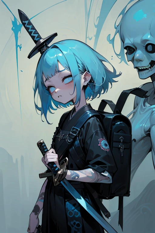 ((18-year-old punk girl,Unusual punk hair:1.3)),((Blue and white UK punk fashion:1.5)),(Light black and blue hair:1.5、long bangs:1.5、short hair)Studded clothing、((Holding a sword in his right hand:1.5))、((Small backpack on the back))、（narrow and small eyes）,Wacky makeup、breast enhancement, (masterpiece), (High resolution), (super delicate), scribble, nightmare, doll-like face, cartoon style, rough sketch, Horror elements, Comic style illustration, Japanese painting,  Apparition, (Creepy), Japanese carving, crazy illustration, antique, dark atmosphere, flat illustration,Creepyな外観, unique atmosphere、narrow eyes、eyes closed
