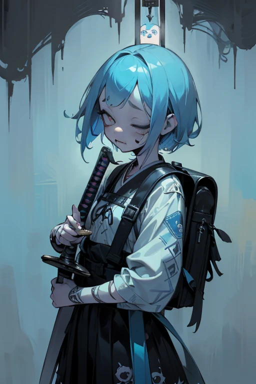 ((18-year-old punk girl,Unusual punk hair:1.3)),((Blue and white UK punk fashion:1.5)),(Light black and blue hair:1.5、long bangs:1.5、short hair)Studded clothing、((Holding a sword in his right hand:1.5))、((Small backpack on the back))、(narrow and small eyes),Wacky makeup、breast enhancement, (masterpiece), (High resolution), (super delicate), scribble, nightmare, doll-like face, cartoon style, rough sketch, Horror elements, Comic style illustration, Japanese painting, Apparition, (Creepy), Japanese carving, crazy illustration, antique, dark atmosphere, flat illustration,Creepyな外観, unique atmosphere、narrow eyes、eyes closed