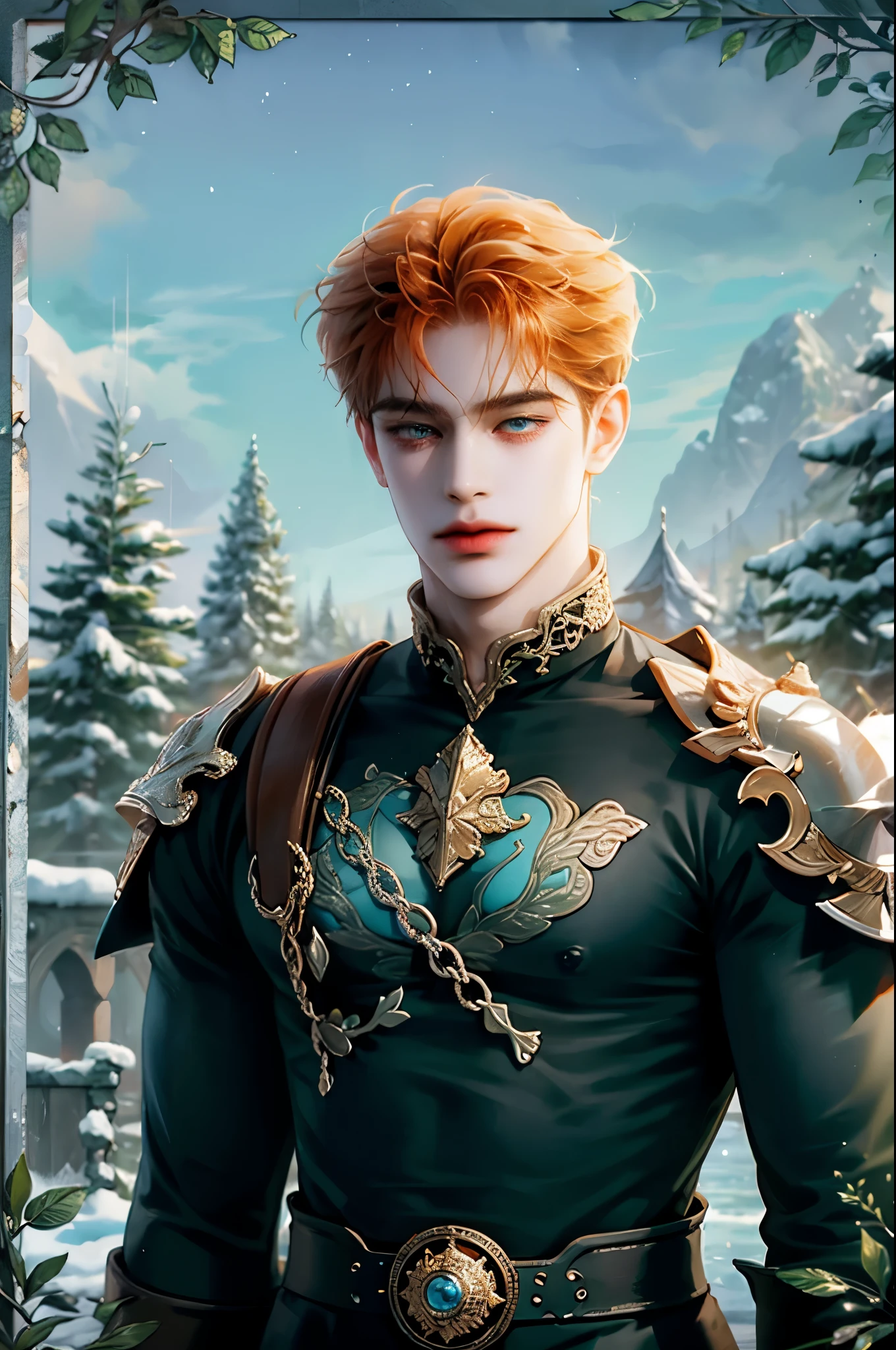 masterpiece, best quality, 1man, teen, male focus, solo, medium orange hair, vibrant cyan eyes, looking at viewer, closed mouth, emo, Fantasy aesthetics, Highly detailed, Ragnarok online game style, hero clothes , forest background