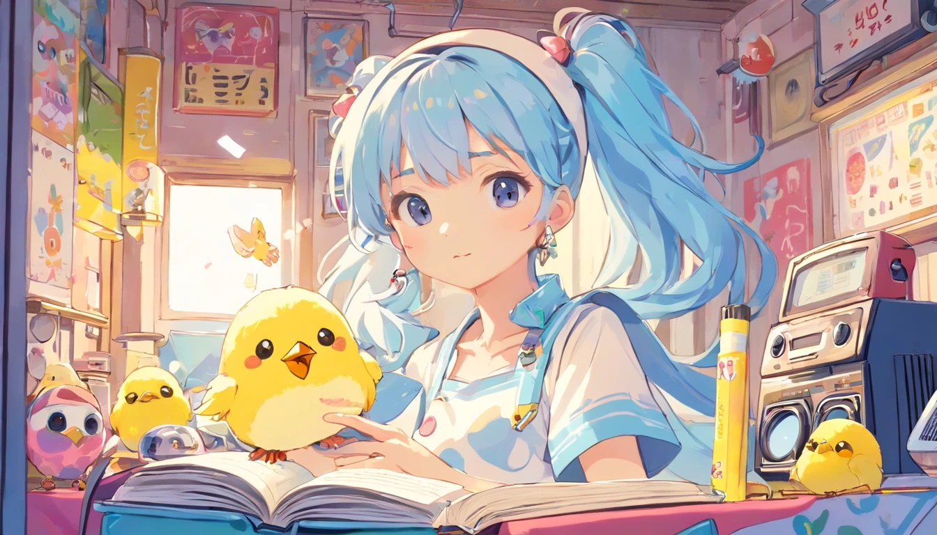 (((Girl&#39;s UP)))、(((The girl's face is well visible)))、make many round chicks、(())、(((cassette tape、radio cassette player、record)))、cute beautiful girl、((Listening to music with headphones on))、machine、Note、computer、light bulb、window、Chair、curtain、retro、(((80s))) Neon color、pastel colour、((blue and white room))、Polka dot pattern、lemon、80'sパターン、round pattern、square pattern、Cartoon screentones、Dot pattern is applied from above、cooking、chick chick、Cotton candy、candy、(((Get into a rhythm))), (((lofi-art))), Cute white fur ball creature、(((The structure and balance of the face of the human body, objects, and living things are well-balanced without any discomfort.))), (((the fingers of the hand５Book))), (((beautiful and well-shaped body)))、(((Cute and beautiful face)))、Ramune Ramune Ramune、summer