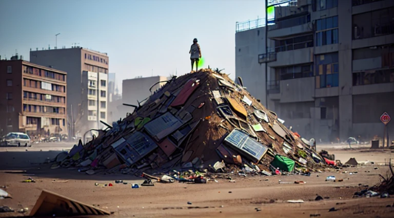 pile of trash , I feel sad, the focus is on standing on the pile of trash, big scene, Concept Original Art Style, Wasteland Style, 16k, no signature, 8k, super detailed, Award history, (intricate details), (very detailed), 8k HDR