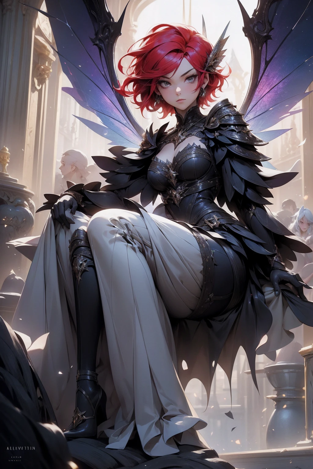 (Absurd, high quality, ultra -compared, careful with the hand) fairy, fairy wings, dreamer body, vivid, romantic and all. Optimistic face, just lies, without entry and intellectual. Reckless style, cold heart, impatient and too confident. Gray eyes, ripe and dark (eyes of the eyes), enchanted fairy (pixie) . Short hair, red hair. In the carnival row illustration, flying. Whole body, sitting on the ground