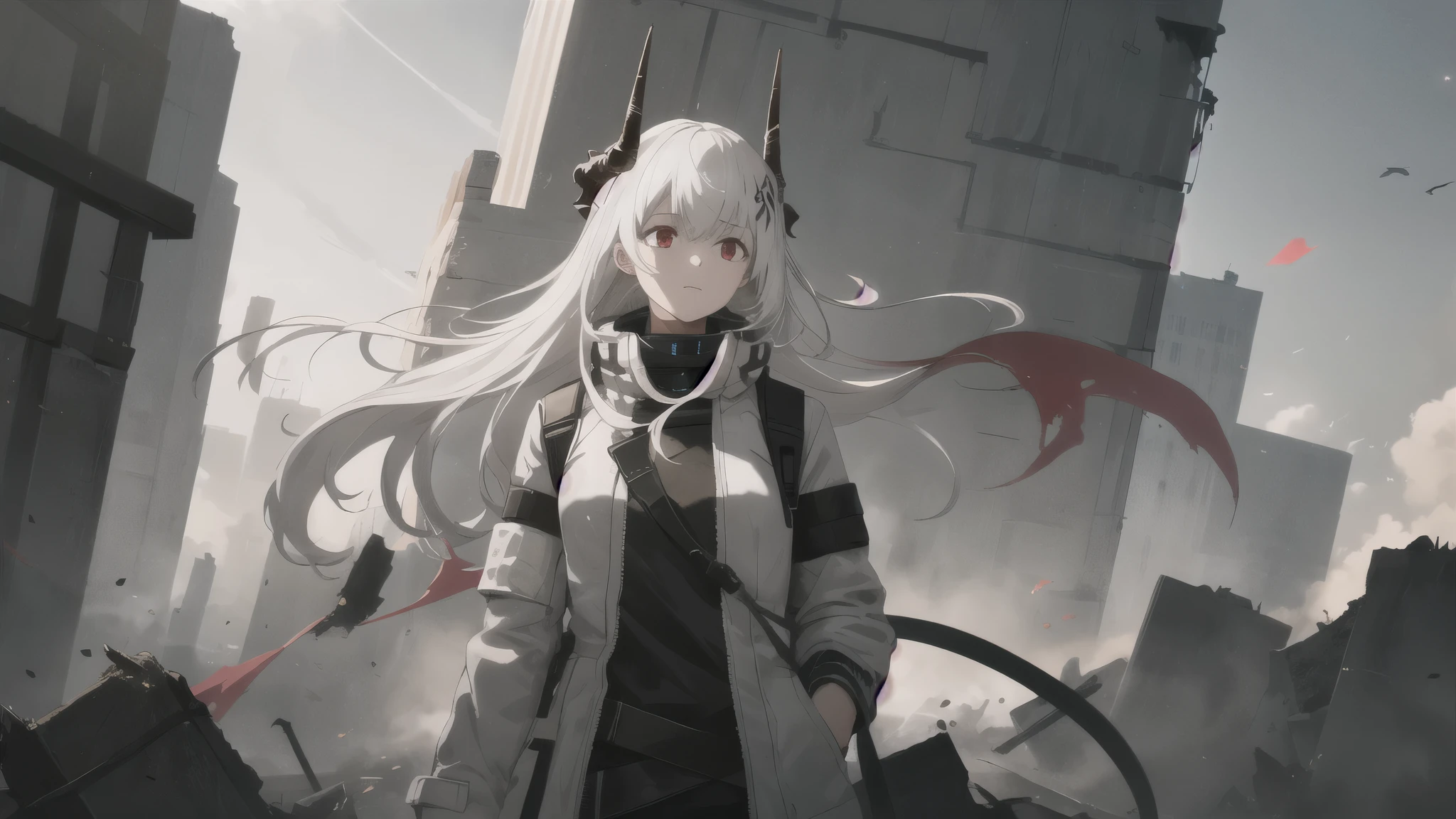 mudrock, red eyes, white hair, horns, long hair, white jacket, infection monitor \(arknights\), upper body, (floating object:1.2), burnt object, (gas mask:0.5), (decrepit scenery:1.1), hard shadow, masterpiece, best quality, highres