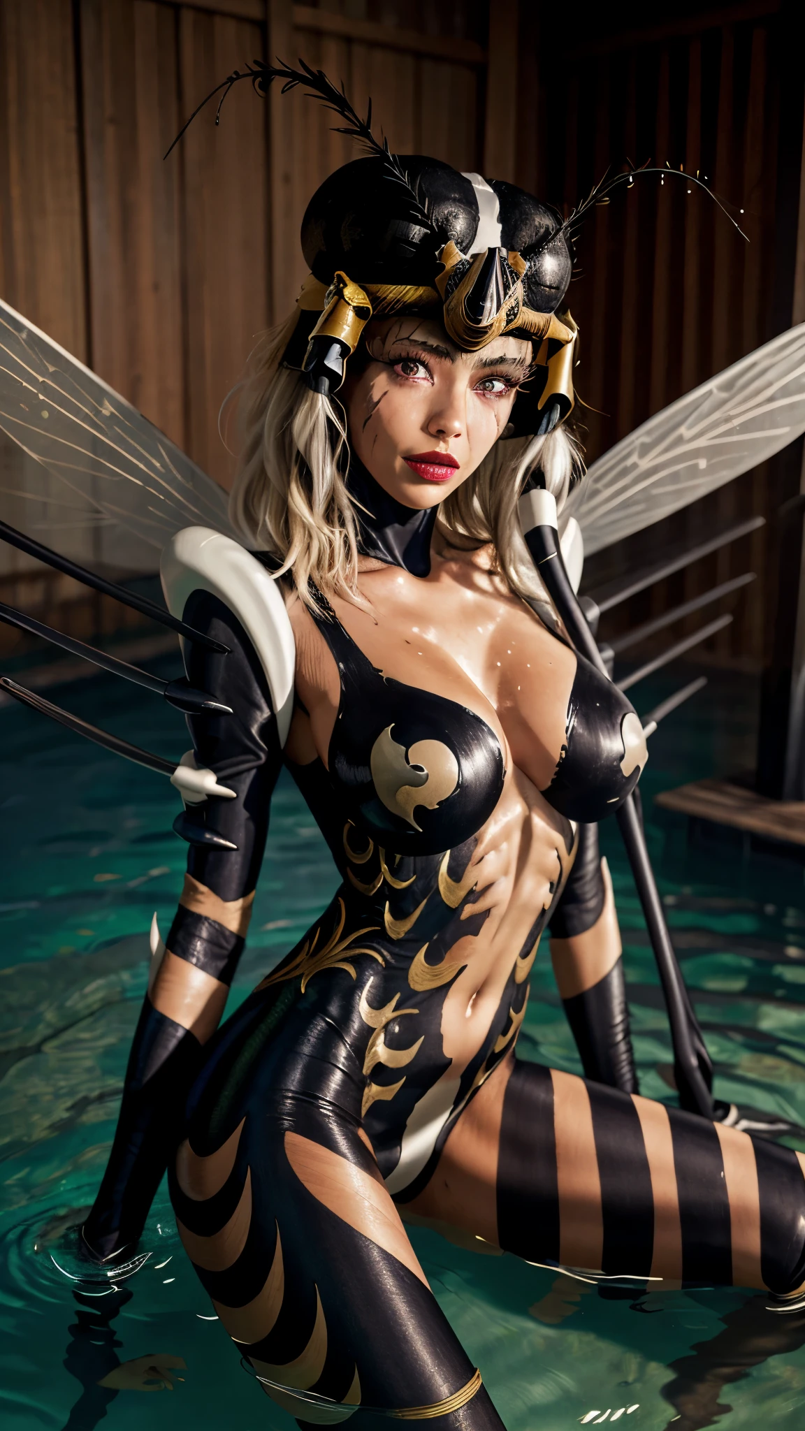 ((masterpiece)),((best quality)),((absurdres)),((ornate)),straight-on,upper_body,pose,looking_at_viewer,MosquitoGirl_white,aiwaifu,horns,red_eyes,helmet,makeup,arthropod_girl,lipstick,large_breasts,antennae,insect_wings,lips,armor,colored_skin,wings,bodysuit,cable,monster_girl,navel,black_hair,fairy_wings,gloves,hat,striped_legwear,colored_sclera,silk,white_wings,toned,curvy, narrow waist, solo,mature_female,indoors,((partially_underwater_shot)),east asian architecture,cherry blossoms,onsen,petals,water,shouji,wisteria,sidelighting,light_particles,blurry_background,colorful,bokeh,(novel_illustration:1.221),(incredibly_absurdres:1.221),(ornate_clothes:1.221),(dappled_sunlight:1.221),(depth_of_field:1.221),(scenery:1.221),(realistic:1.221),(masterpiece:1.221),