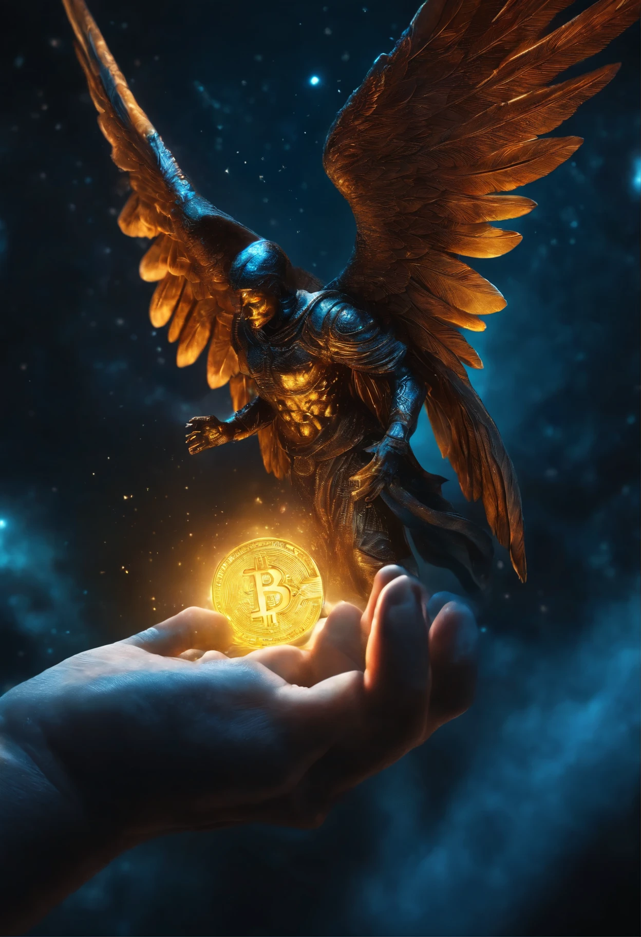 Cosmic Fallen Angel, glowing light eyes, Biomechanical, eerie, Creepy, nightmarish, Very bright colors, Light particles, with light glowing, Mshiff, wallpaper art, UHD wallpaper. This angel grap bitcoin on his hand