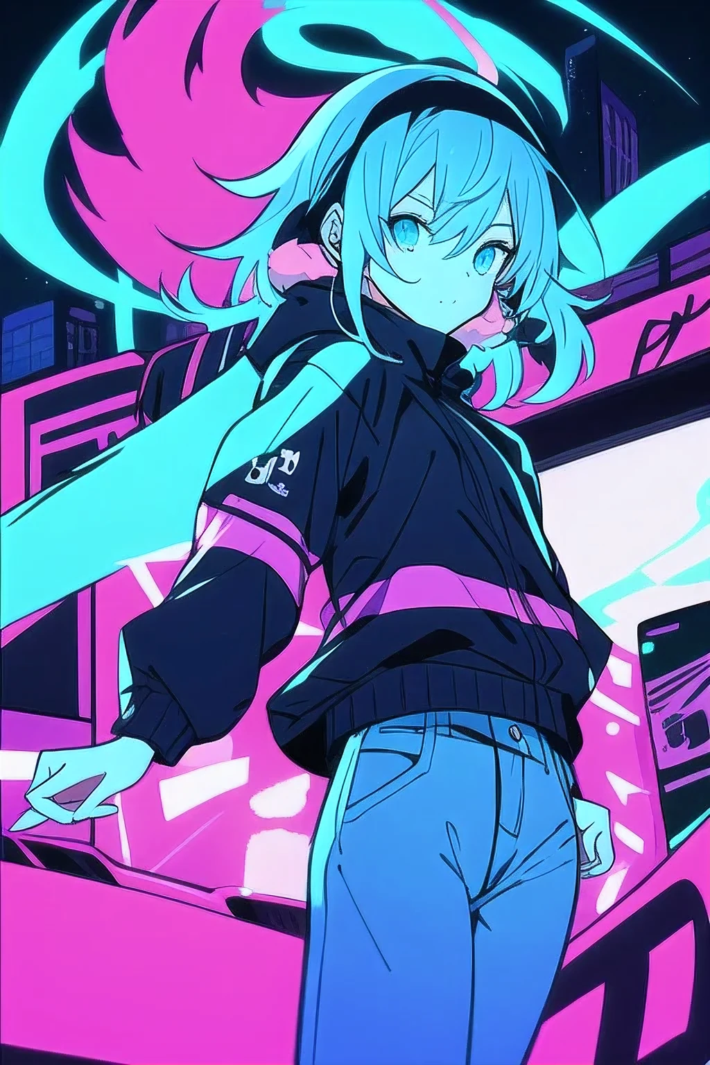 Generate a series of cute girl drawings, and drawings representing graffiti-style anime themes, combining elements such as jujutsu kaisen. Use a neon color palette to convey a sense of technology. Make 4 variations