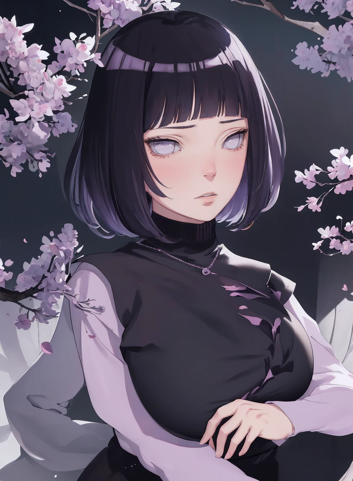 { - anatomy error} (Masterpiece - Ultra-detailed, very high resolution) (huge titusty, masterpiece, absurdres, hinata\(boruto\), 1girl, solo,mature female, lilac turtleneck blouse, black pant, looking at viewelling petals), perfect composition, detailed lips, big breast, beautiful face, body propotion, blush, (pink lips), short hair, (black hair), purple eyes, soft gaze, super realistic, detailed, photoshoot, realistic face and body, closed mouth , lilac eyes, upper body, hidden hands, perfect fingers, inocent face, sitting on the ground, dynamic poses
