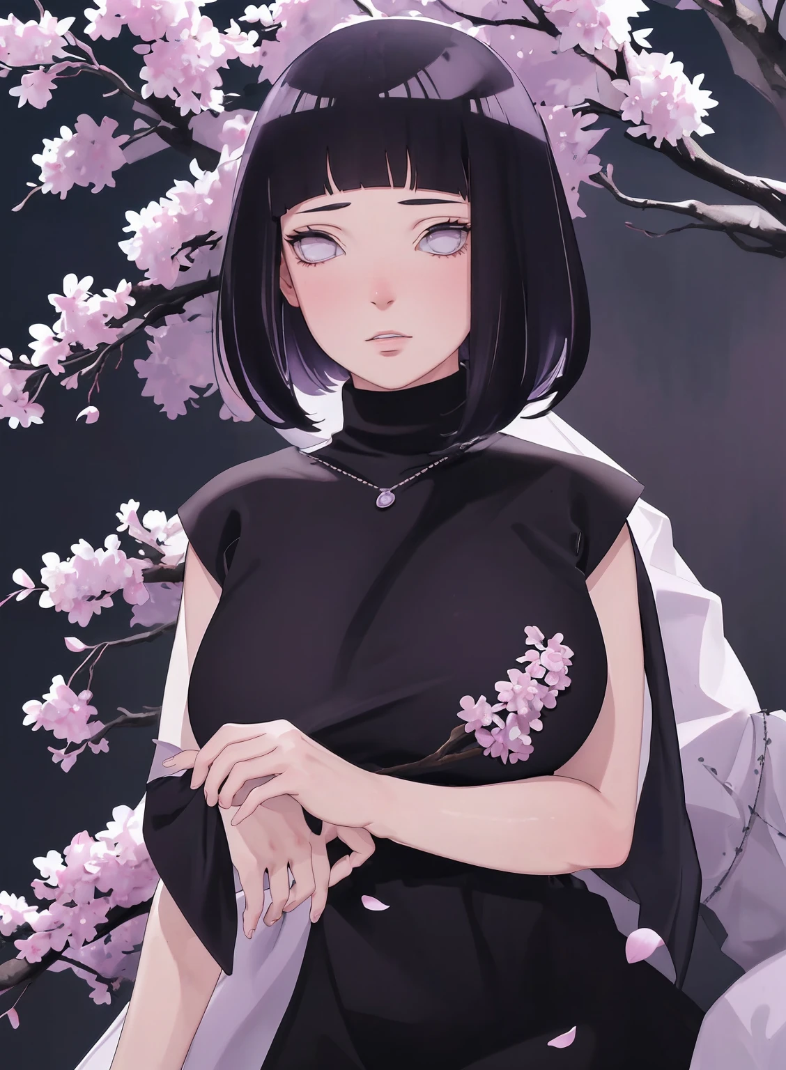 { - anatomy error} (Masterpiece - Ultra-detailed, very high resolution) (huge titusty, masterpiece, absurdres, hinata\(boruto\), 1girl, solo,mature female, lilac turtleneck blouse, black pant, looking at viewelling petals), perfect composition, detailed lips, big breast, beautiful face, body propotion, blush, (pink lips), short hair, (black hair), purple eyes, soft gaze, super realistic, detailed, photoshoot, realistic face and body, closed mouth , lilac eyes, upper body, hidden hands, perfect fingers, inocent face, sitting on the ground, dynamic poses