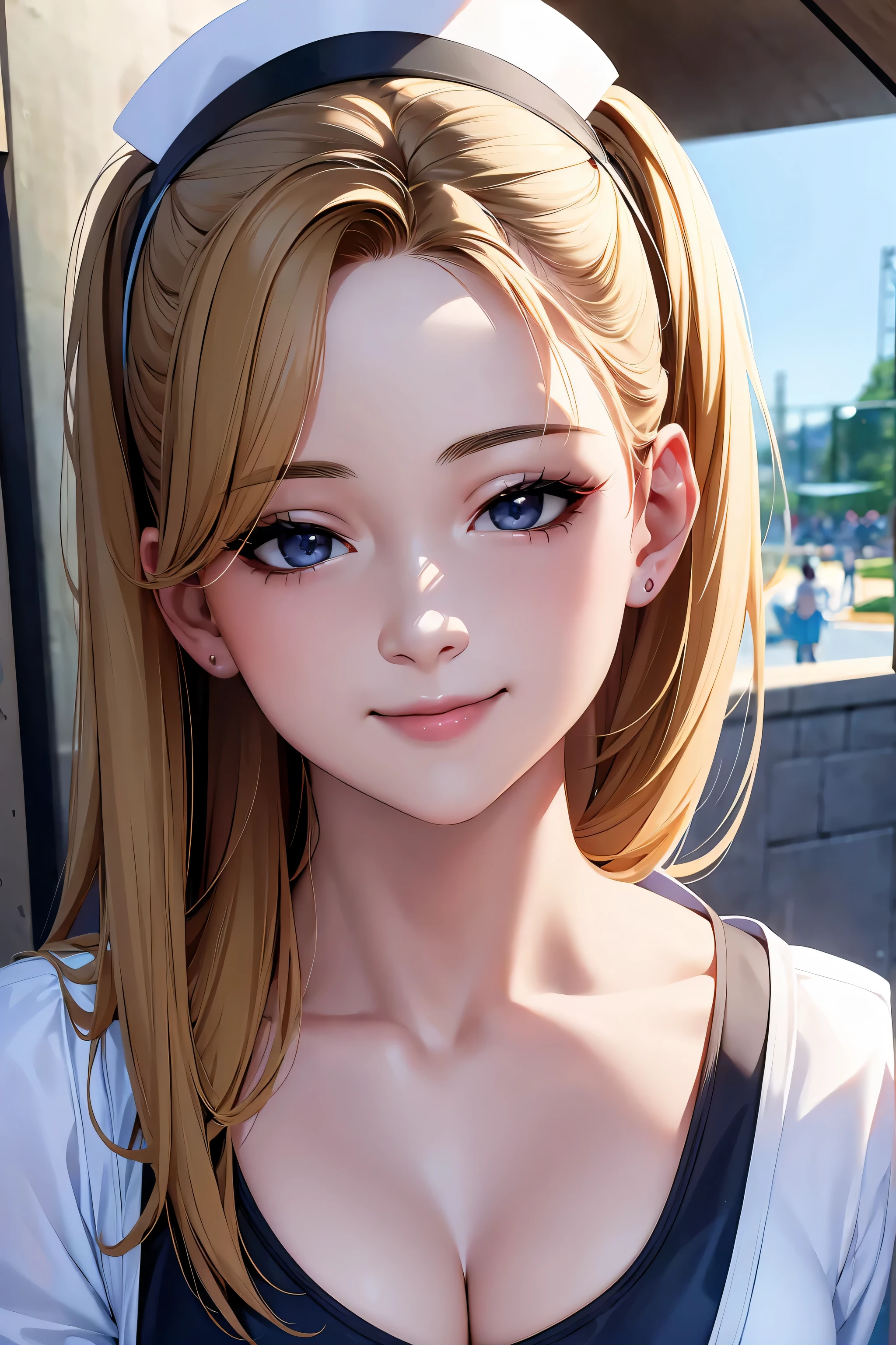 (8k, masterpiece), ultra high resolution, (realistic, photo-realistic), Melissa Joan Hart, nurse costume, in the amusement park, giving a cute and sexy smile, delicate face, detailed skin, realistic skin details, visible pores,