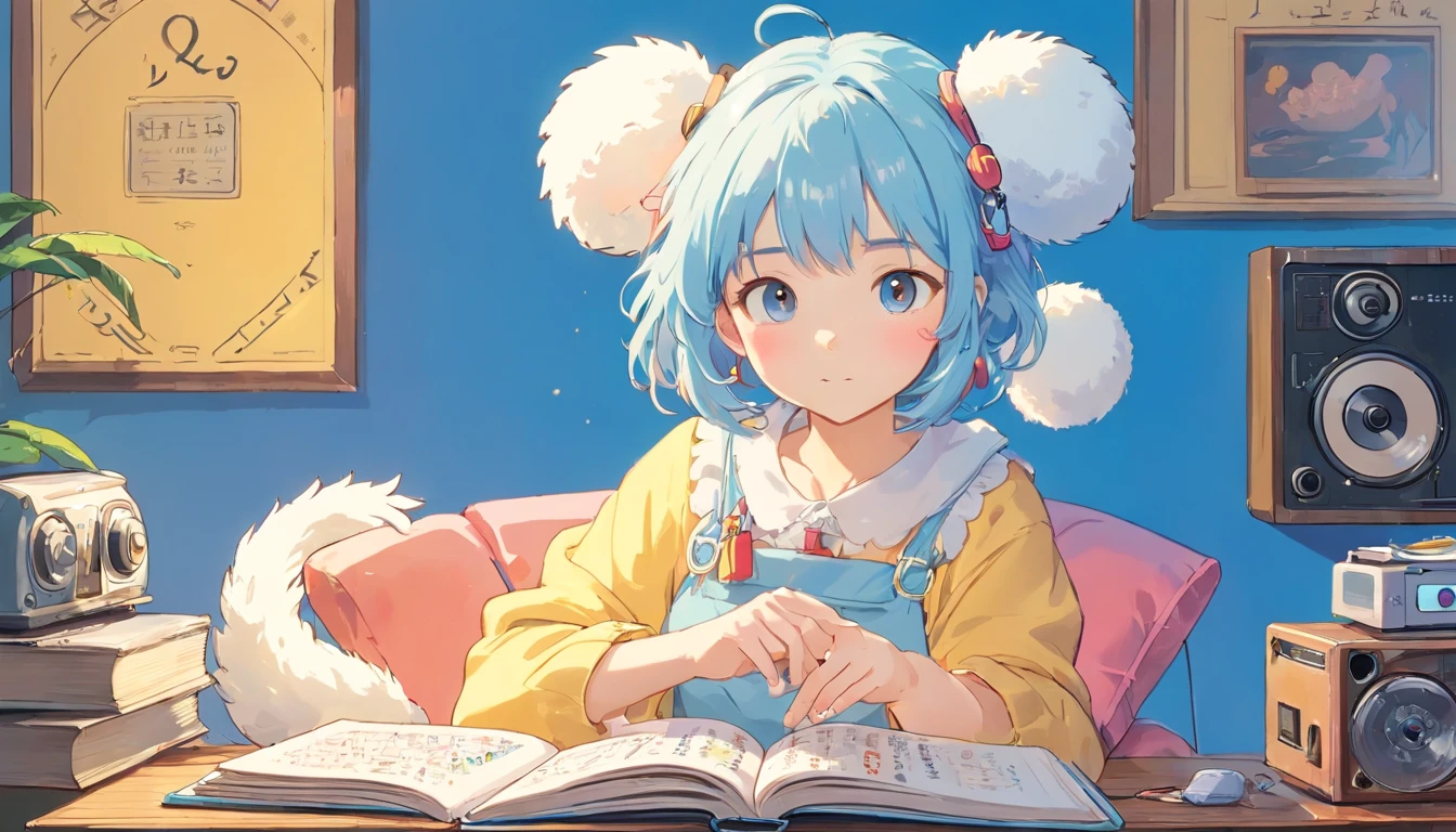 (masterpiece, highest quality), 8K, 4k, 8K, Super detailed, beautiful images, clear image, perfect face, perfect lines, perfect eyes, soft lighting, (((Girl's UP)))、(((The girl's face is well visible)))、make many round chicks、(())、(((cassette tape、radio cassette player、record)))、cute beautiful girl、((Listening to music with headphones on))、machine、Note、computer、light bulb、window、Chair、curtain、retro、(((80s))) Neon color、pastel colour、((blue and white room))、Polka dot pattern、lemon、80'sパターン、round pattern、square pattern、Cartoon screentones、Dot pattern is applied from above、cooking、chick chick、Cotton candy、candy、(((Get into a rhythm))), (((lofi-art))), Cute white fur ball creature、(((The structure and balance of the face of the human body, objects, and living things are well-balanced without any discomfort.))), (((the fingers of the hand5Book))), (((beautiful and well-shaped body)))、(((Cute and beautiful face)))、Ramune Ramune Ramune、summer