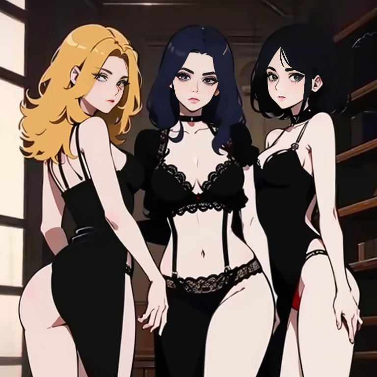 Mostrando el trasero, in lingerie, tres mujeres. Bajo el vestido.
