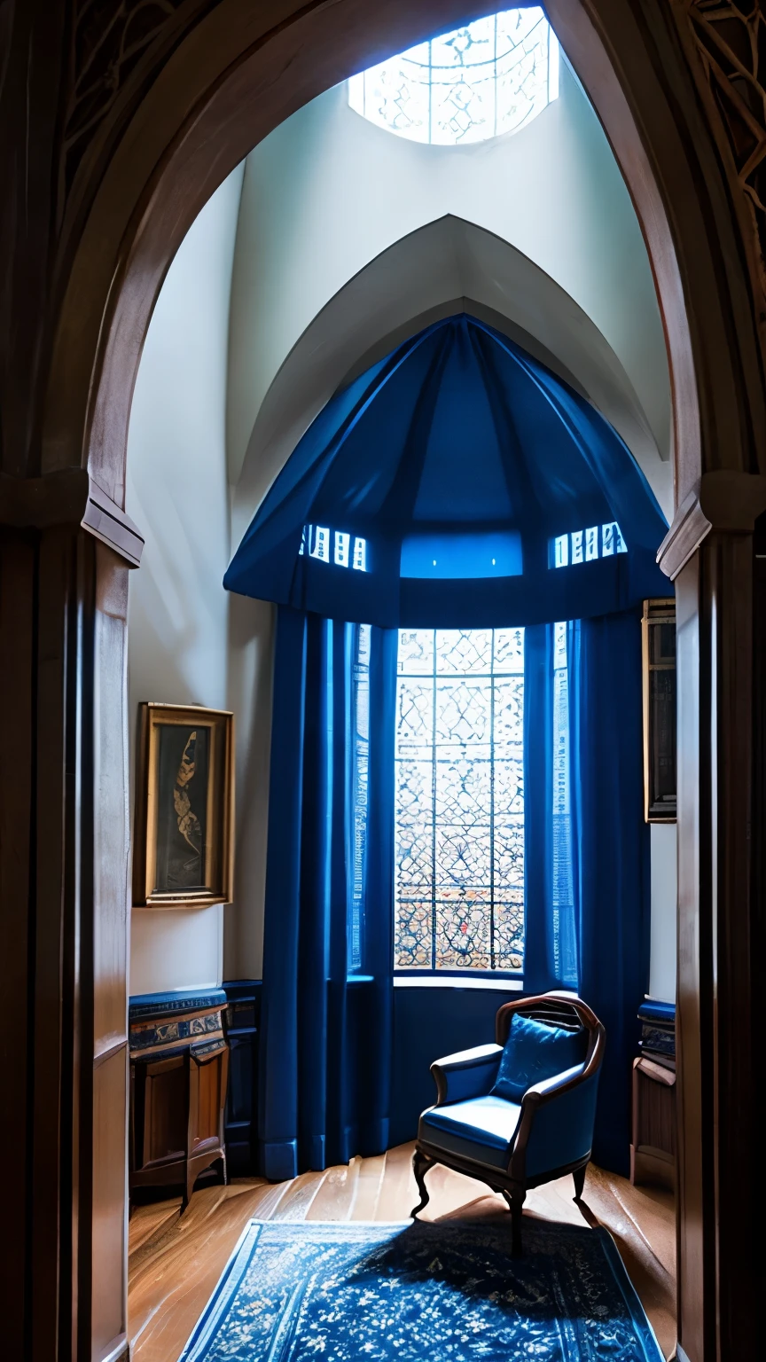 castle tower, Harry potter, Ravenclaw, lounge, arched window, blue silk hanging on the wall, Domed ceiling with stars, dark blue carpet with stars on it, table, Chair, bookshelf on the floor  