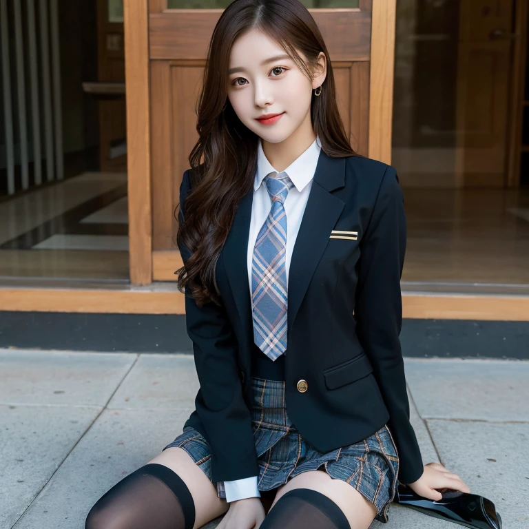 (8K), (highest quality: 1.2), (realistic), (realistic: 1.37), ultra high resolution, (1 girl), cute, smile, closed mouth, beautiful details, beautiful nose, wet hair, giant dulcefo, pork, thighs，self snap,University Student Uniform,simple blazer,pleated skirt,(The pattern of the skirt and tie is a tartan check pattern...:1.3),(sitting:1), sit on the ground,(hugging own legs:1),opaque tights,from the front