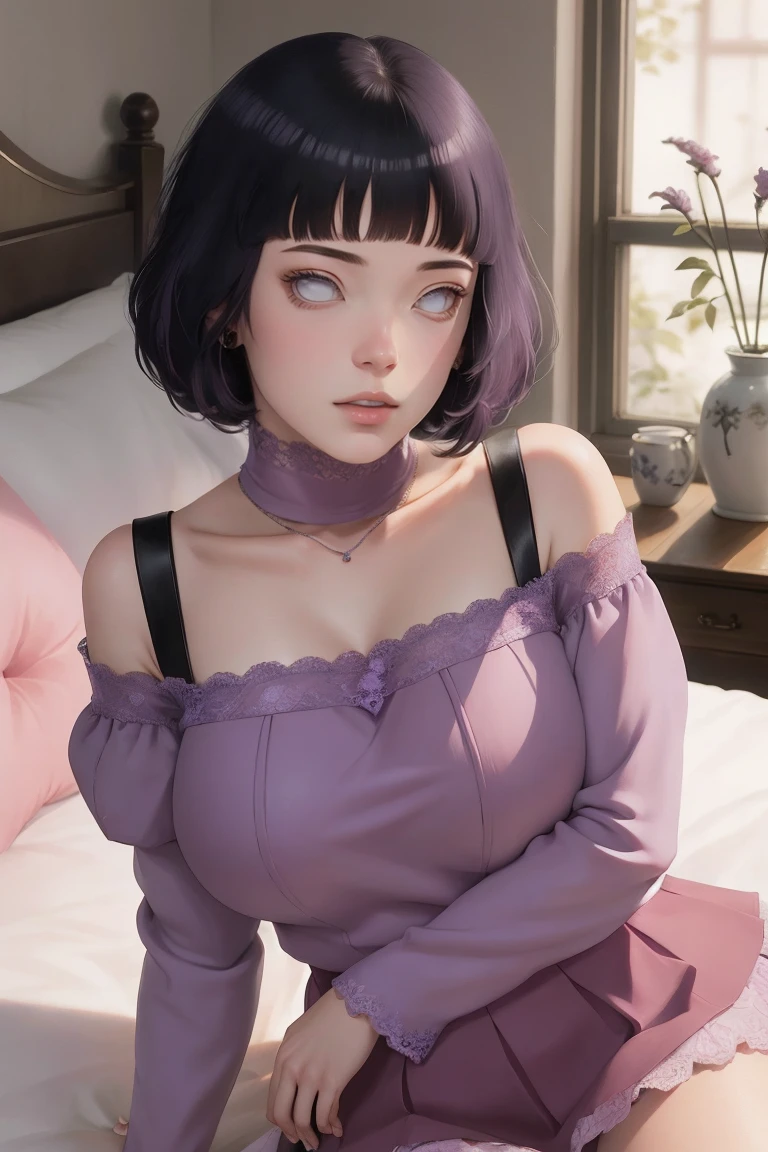 (masterpiece) (huge titusty, masterpiece, absurdres, hinata\(boruto\), 1girl, solo,mature female, off-shoulder bra, high waist short skirt, looking at viewelling petals), perfect composition, detailed lips, big breast, beautiful face, body propotion, blush, (pink lips), short hair, (black hair), purple eyes, soft gaze, super realistic, detailed, photoshoot, realistic face and body, closed mouth, laying on the bed , lilac eyes, full body, lace clothes,