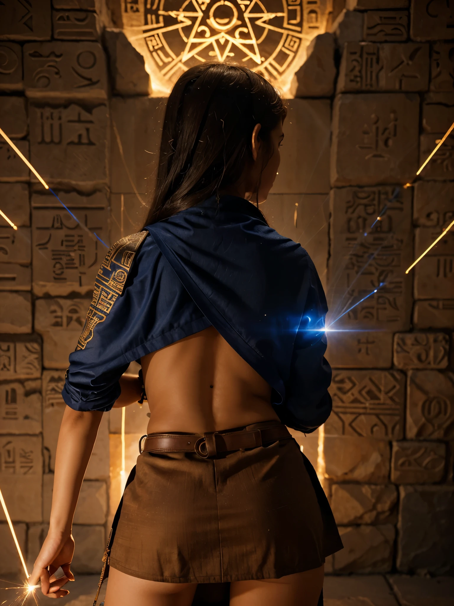 A Priestess with a Laser beam machine carving/write hieroglyphs on a wall, sparks of light and sparks of stone being expelled from de the wall. She is partially on her back looking at the wall. She wear ritualistical clothes, Her beautiful detailed face observe the light of laser beam. The laser illuminates the temple with a vivid blue light, creating a mesmerizing spectacle. The girl's face reflects astonishment and wonder as she witnesses this extraordinary tecnology in ancient times. The laser beam carving intricate hieroglyphics and symbols. The scene is captured in high resolution, showcasing every ultra-detailed element with sharp focus and realistic rendering.