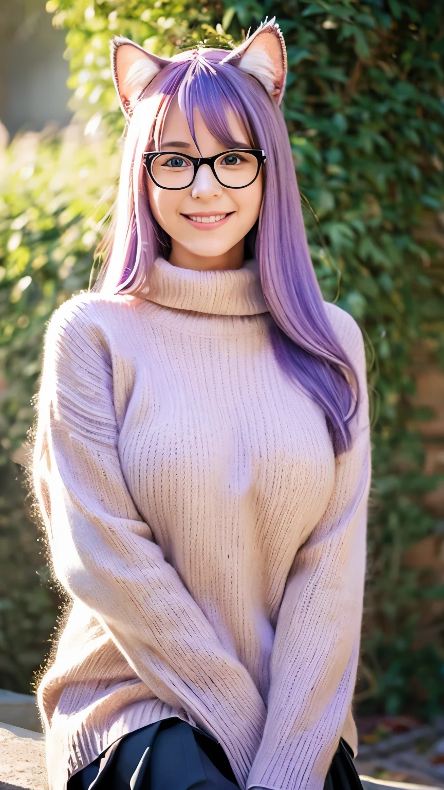 masterpiece, highest quality, 1 girl, ((looking at the viewer)), lilac hair, purple eyes, long hair, Ahoge, sweater, sweater skirt, pantyhose, 163cm, hair between eyes, big breasts, adult, 33 years old, mature, Glasses, alone, only, smile, Cat ear, cat tail, tooth, cat girl, animal ears