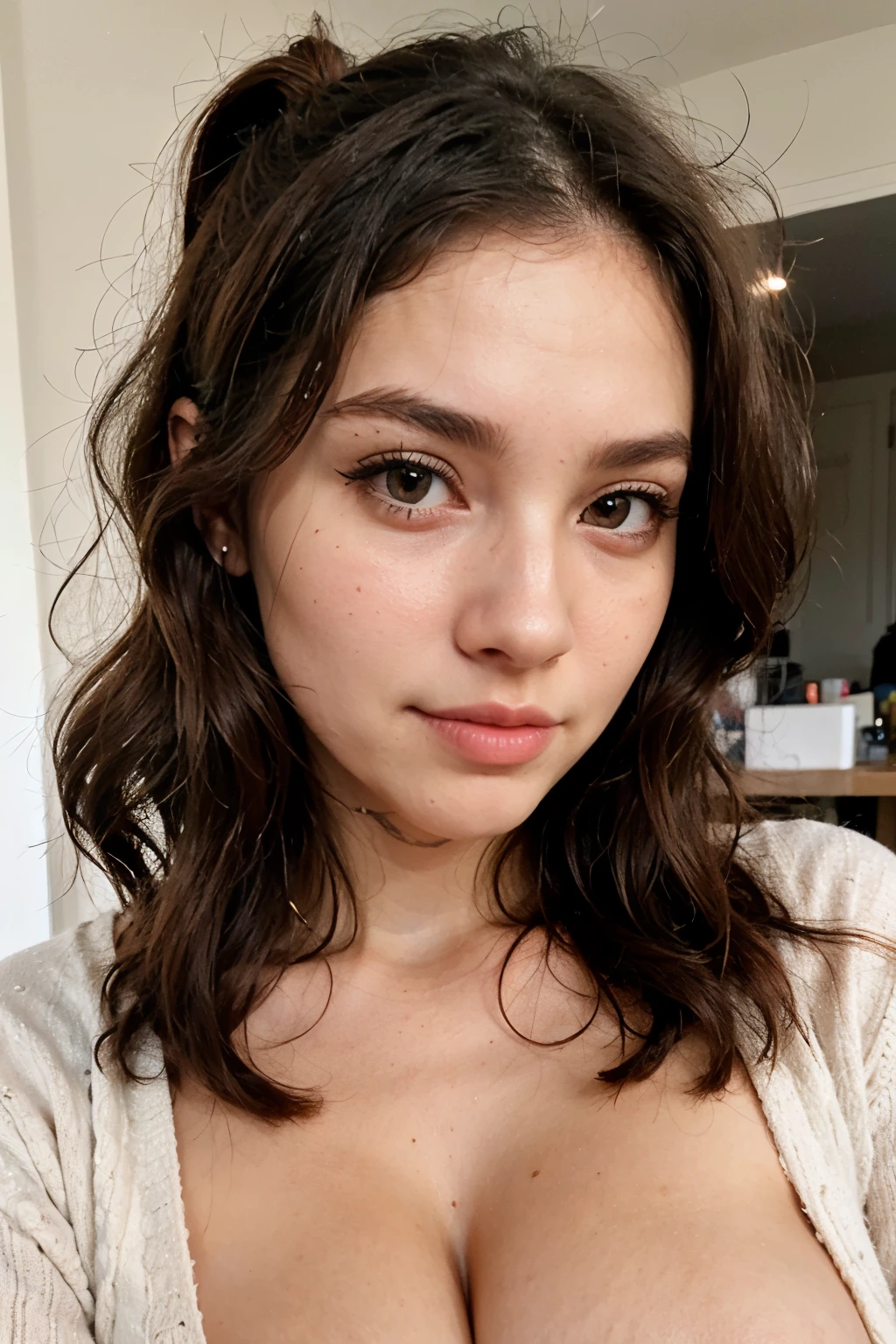 Coquette girl, wavy hair in high ponytail, big breasts, eyeliner on eyes, realistic, texture on skin, rosy pink blush cheeks, wearing a cute sweater, up close of face and chest, dim lighting, iPhone quality, textured skin, pores showing on skin, imperfections on face skin, taking a selfie
