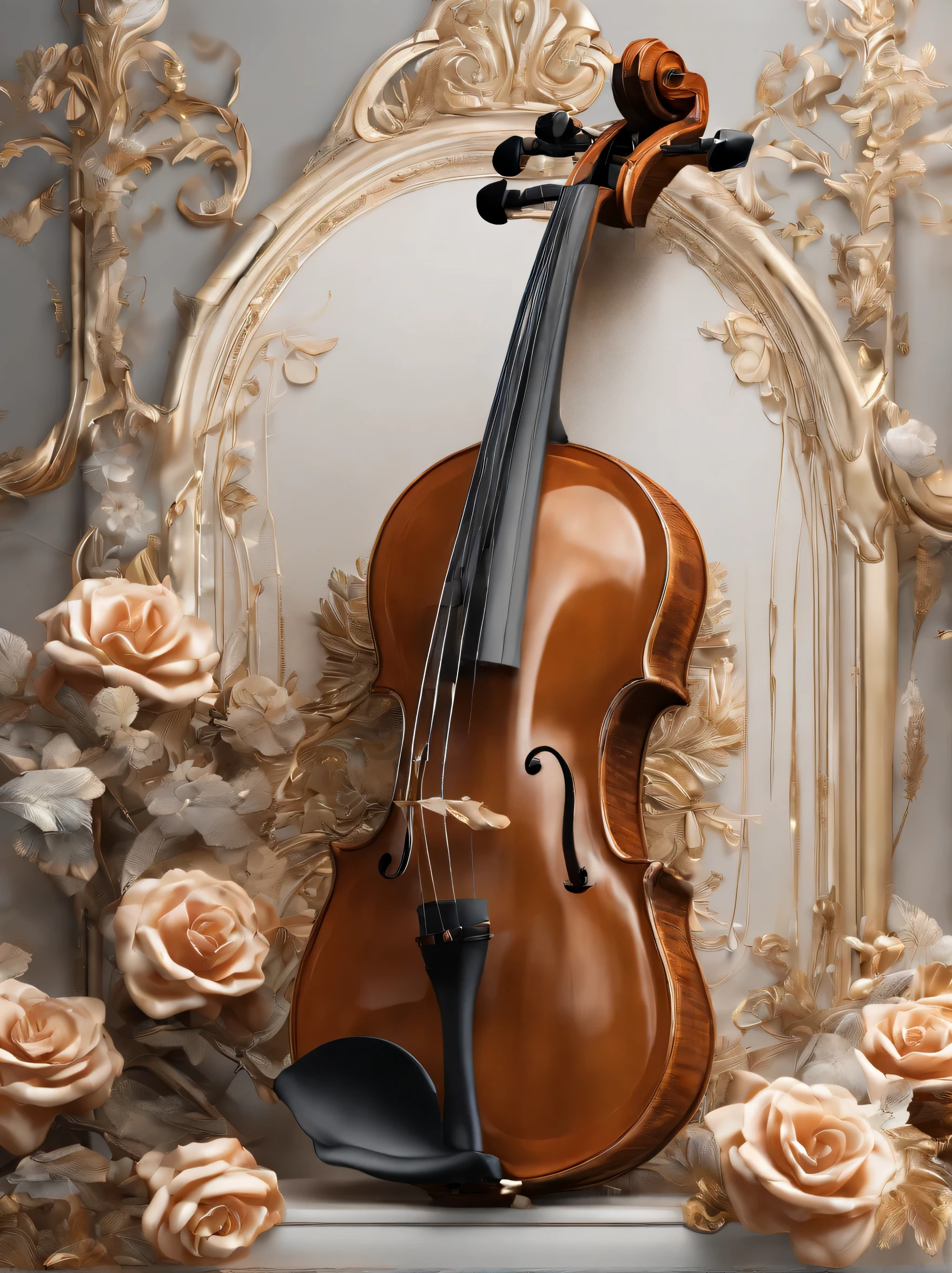 there is a violin that is sitting on a table with flowers, fantasy violin, (fantasy violin), exquisite fine details, beautiful composition 3 - d 4 k, violin, elegant and ornate, 8k high quality detailed art, elegant highly detailed, ornate and elegant, exquisite detail, highly detailed composition, exquisite details, baroque objects, ornate and flowing, baroque detailed