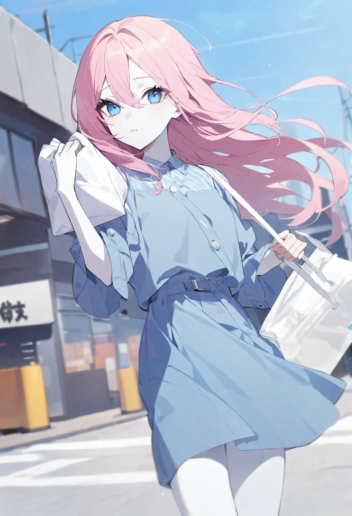 Girl, white skin, long pink hair, blue eyes, wearing a , and holding a bag