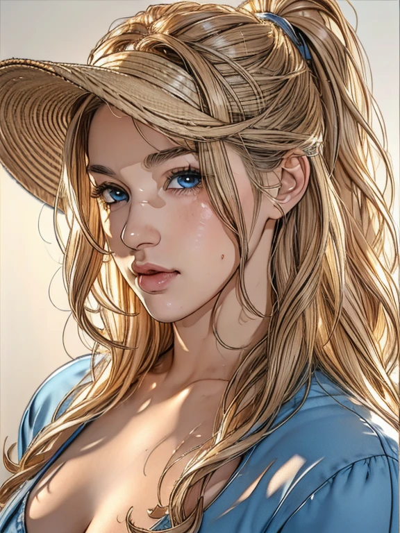 (best quality, high resolution, ultra-detailed, masterpiece:1.2), messy, wavy blond hair, adult, blue eyes, ponytail, focus on the handsome face, casual clothing, charming, attractive, intricate eyes and facial features, sun-kissed skin, wearing a deep 10-gallon hat and striking a stylish pose.