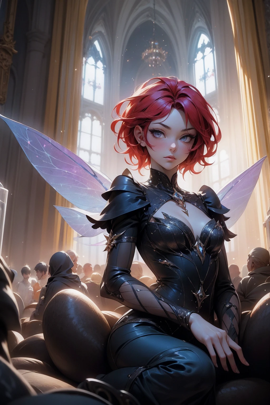 A fairy phoenix (cute woman, flame feather sexy outfit, flaming hair, flaming moth wings) flits away from a candle in a dim Wizards laboratory, focus on fairy, high fantasy