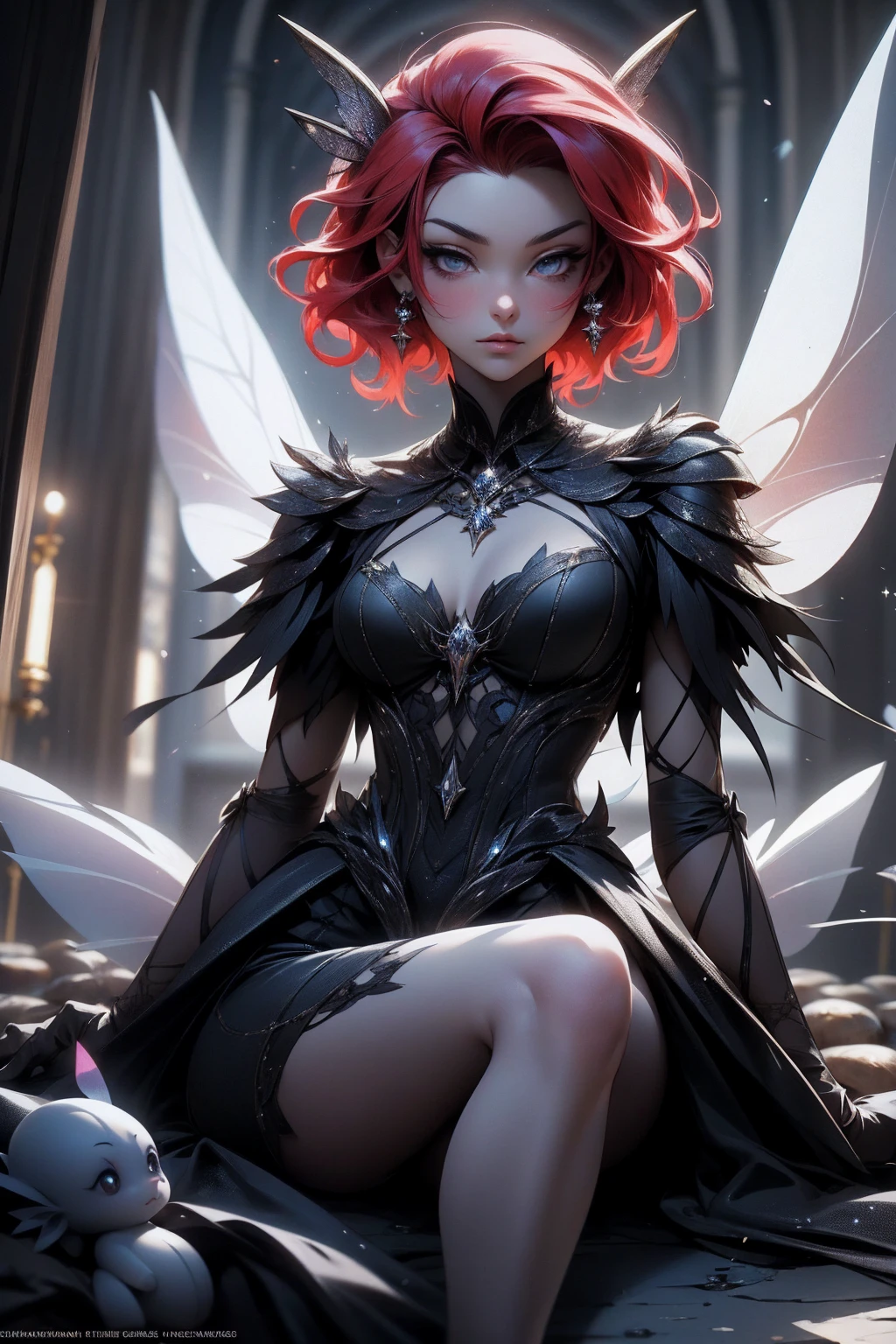 (Absurd, high quality, ultra -compared, careful with the hand) fairy, fairy wings, dreamer body, vivid, romantic and all. Optimistic face, just lies, without entry and intellectual. Reckless style, cold heart, impatient and too confident. Gray eyes, ripe and dark (eyes of the eyes), enchanted fairy (pixie) . Short hair, red hair. In the carnival row illustration, flying. Whole body, sitting on the ground