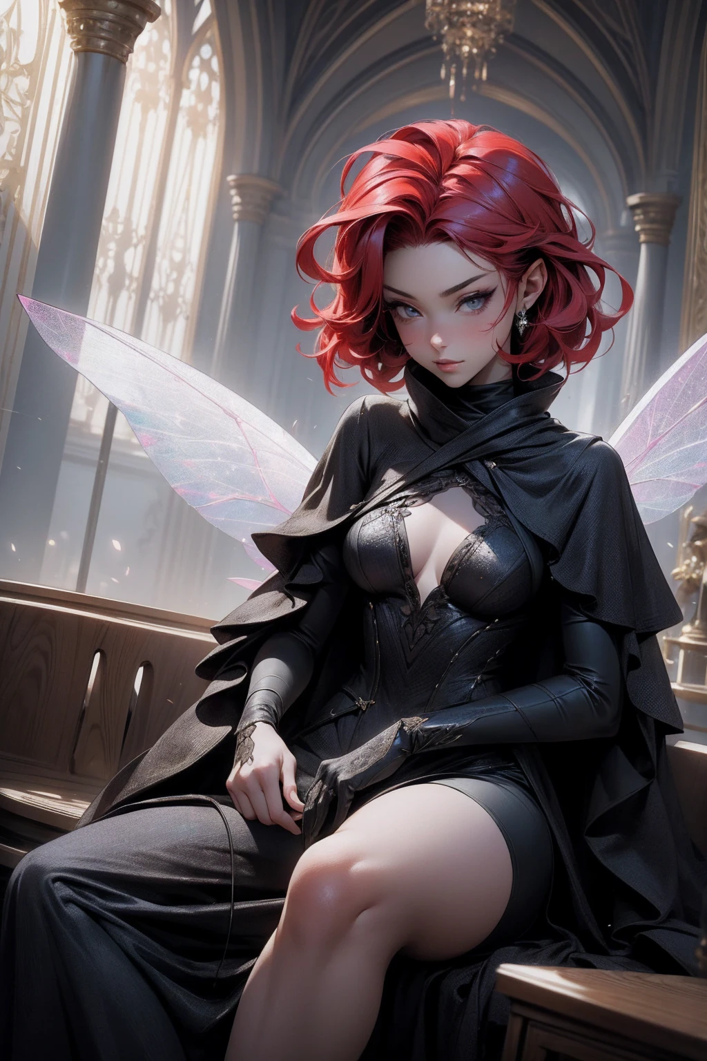 (Absurd, high quality, ultra -compared, careful with the hand) fairy, fairy wings, dreamer body, vivid, romantic and all. Optimistic face, just lies, without entry and intellectual. Reckless style, cold heart, impatient and too confident. Gray eyes, ripe and dark (eyes of the eyes), enchanted fairy (pixie) . Short hair, red hair. In the carnival row illustration, flying. Whole body, sitting on the ground