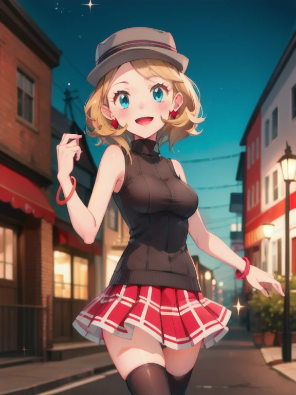 gonzarez, masterpiece, Serenaj, 1girl, grey headwear, solo, jewelry, thighhighs, sleeveless turtleneck, turtleneck, skirt, smile, sweater vest, blonde hair, earrings, hat, blue eyes, sleeveless, open mouth, eyelashes, vest, blush, bangs, breasts, medium hair, bracelet, looking at viewer, outdoors, black thighhighs, brown thighhighs, sky, night, sparkle, light, dark, pleated skirt, red skirt, brown vest, street, cowboy shot,  