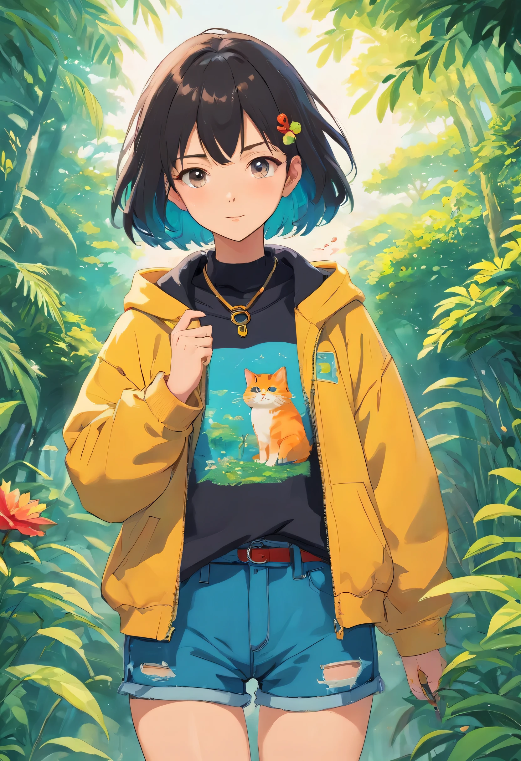 una chica con un collar de anime, un lar, sudadera de gato, shorts negro,al estilo de tranquilos jardines, colorful animation frames, Masami Teraoka, aguamarina, Paul Gauguin, embryo style, honest representation