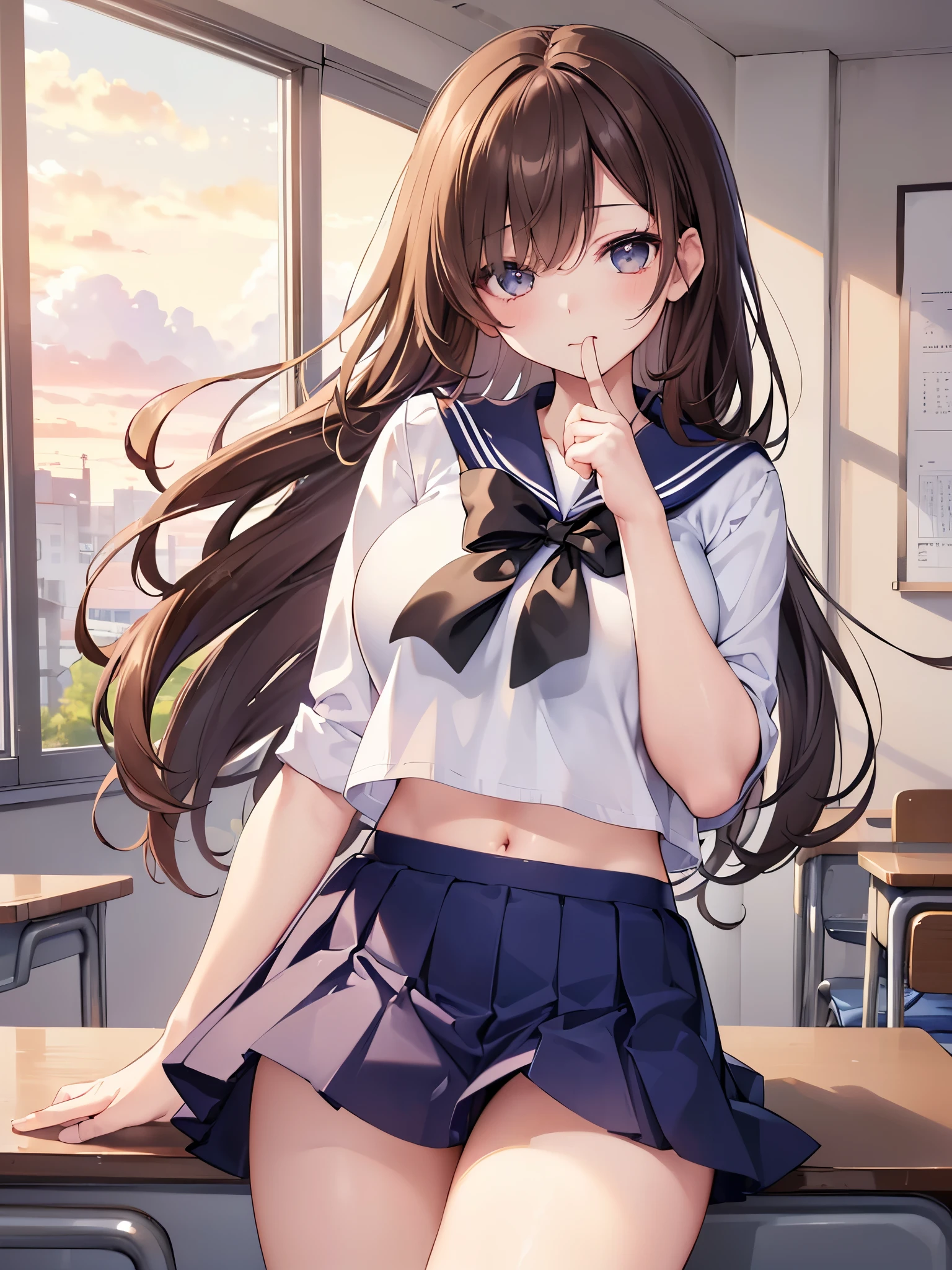 (highest quality、In 8K、32K、masterpiece、nffsw、Super high resolution、Impressionism、Photoreal:1.2)、big breasts、cowboy shot, detailed face and eyes、 inside the classroom、School、sunset、beautiful face、blurred background、16 year old beautiful girl、shiny skin、half up hair、beautiful brown hair、dull bangs、brown eyes、(closed one eye、put your index finger to your mouth:1.2)、sailor suit、pleated mini skirt、curve、(Skirt up、I can see your pants:1.2)、thighs thighs thighs、(Navel exposed:0.4)、dynamic pose