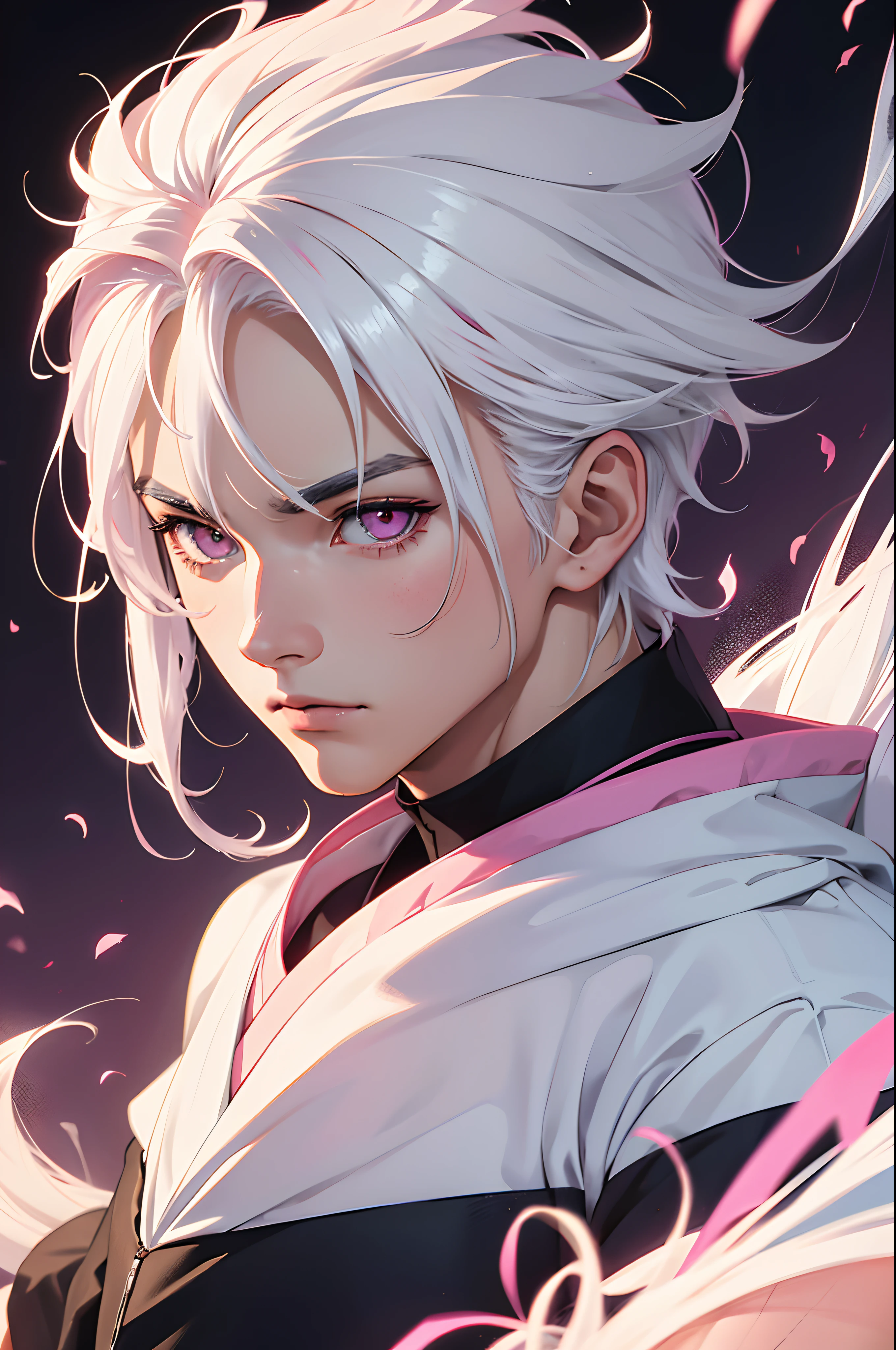 (anime boy masculino),( uniforme de futebol!!) , white hair , pink eyes