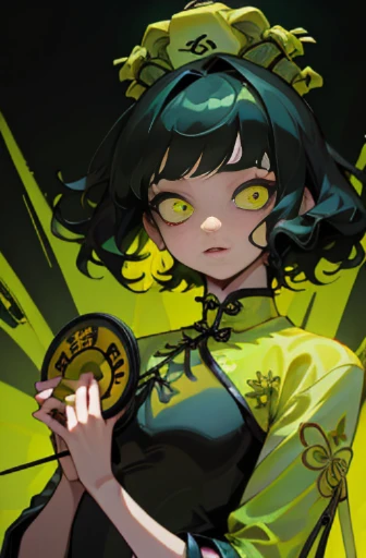 ((18-year-old punk girl)),((Green and yellow cheongsam:1.5)),(light black hair:1.5、shaggy hair curled1.5、afro hair)Studded clothing、((Holding a record in both hands:1.5))、((Large speaker on the back))、(narrow and small eyes),Wacky makeup、breast enhancement, (masterpiece), (High resolution), (super delicate), nightmare, doll-like face, cartoon style, Horror elements, Comic style illustration, Japanese painting, Apparition, (Creepy), Japanese carving, crazy illustration, antique, dark atmosphere, flat illustration,Creepyな外観, unique atmosphere