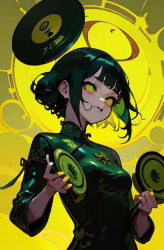 ((18-year-old punk girl)),((Green and yellow cheongsam:1.5)),(light black hair:1.5、shaggy hair curled1.5、afro hair)Studded clothing、((Holding a record in both hands:1.5))、((Large speaker on the back))、(narrow and small eyes),Wacky makeup、breast enhancement, (masterpiece), (High resolution), (super delicate), nightmare, doll-like face, cartoon style, Horror elements, Comic style illustration, Japanese painting, Apparition, (Creepy), Japanese carving, crazy illustration, antique, dark atmosphere, flat illustration,Creepyな外観, unique atmosphere