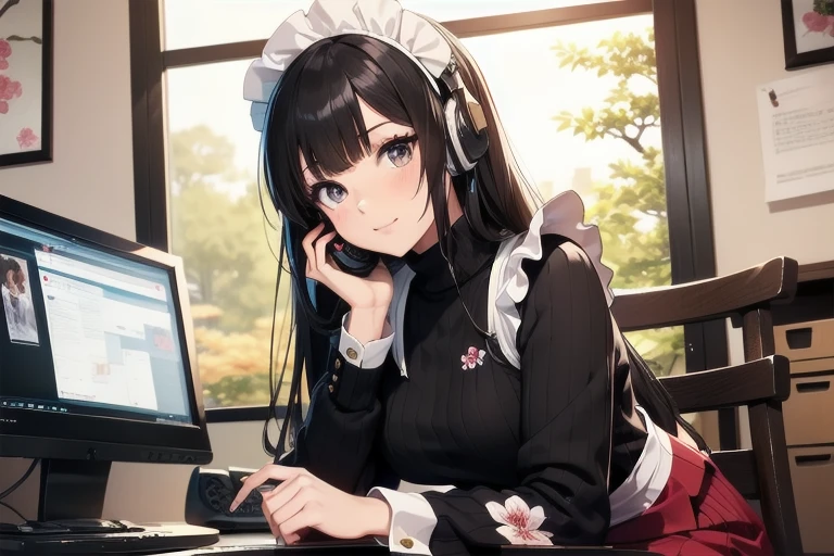 1girl, anime, black eyes, long black hair with square bangs, very long black hair, super long black hair, skirt and stockings, heels, black Japanese style kimono mixed with ribbed black sweater with red accents and sakura floral design, ((ribbed black sweater)) adult, (Japanese shrine/temple background), gamer, (((gamergirl))),  (((office lady))), kimono sleeves, garter, graceful, (((maid uniform design))), broom, happy headphones, (sakura floral design)