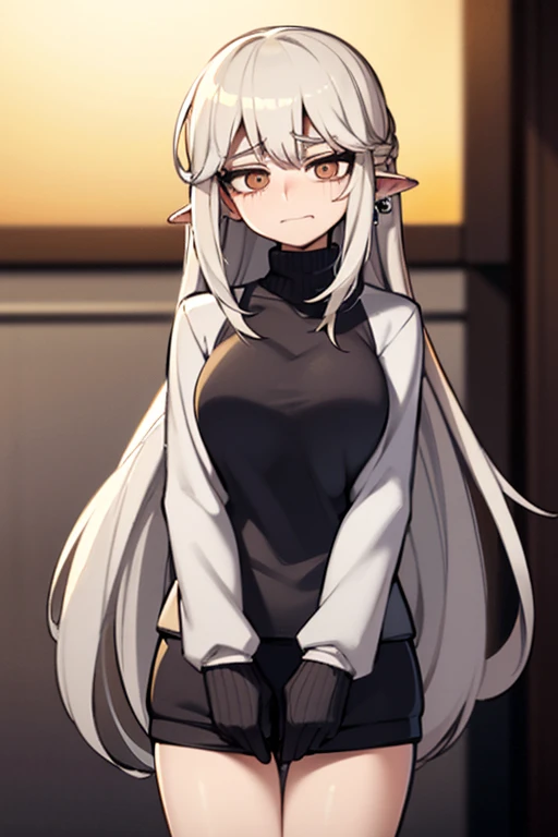 ((artwork, Best quality)), Front Lighting, (1 female), (Alone), (female focus), (stand:1.3), (anxious: 1.3), e-girl, gamer girl, gamer, recluse , shy, (very wide shot: 1.5), long hair, messy hair, human ear, gray eyes, worried look, concerned, shy look, embarrassed smile, embarrassed, light reflection, anatomically correct