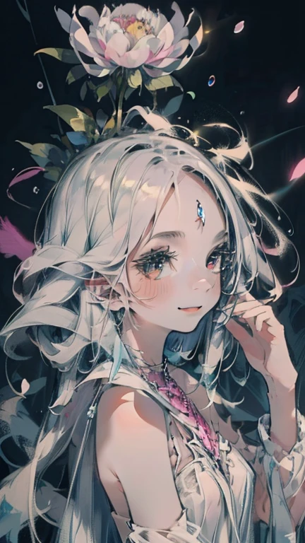 #quality(8k wallpaper of extremely detailed CG unit, ​masterpiece, hight resolution, top-quality, top-quality real texture skin,hyper realisitic, digitial painting,increase the resolution,RAW photos，best qualtiy,highly detailed,the wallpaper), solo,#1girl(cute, kawaii,small ???,hair floating,silver mesh hair,long halr,hair messy,red eyes,big eyes,pale skin,breast,dynamic angle,close shot,detailed face,extremely detailed jewelry,vivd color,smile),#background(colorful,warm color,flower,peony petals),nsfw