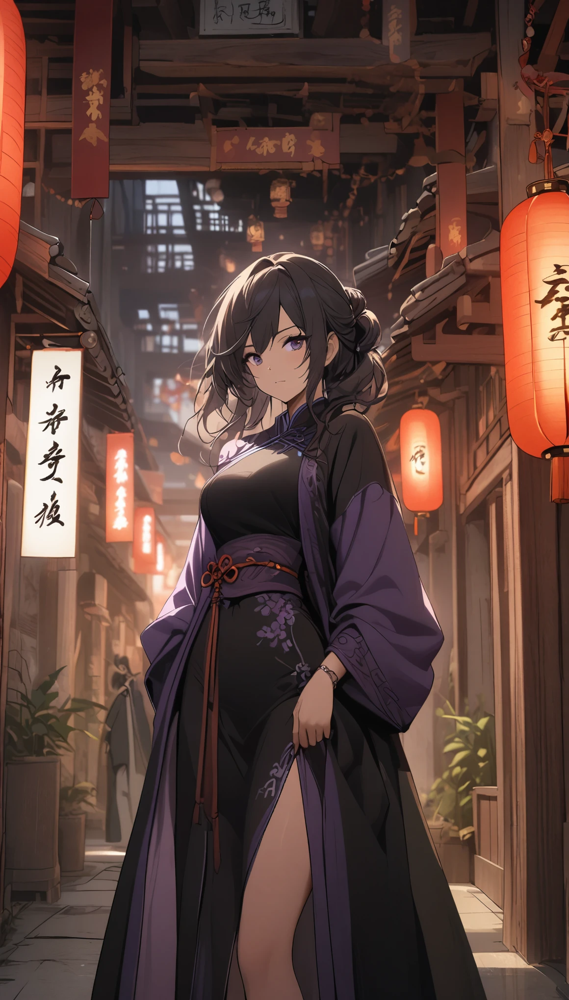 a girl, Wearing a purple and black robe, Standing in a Chinese-style building